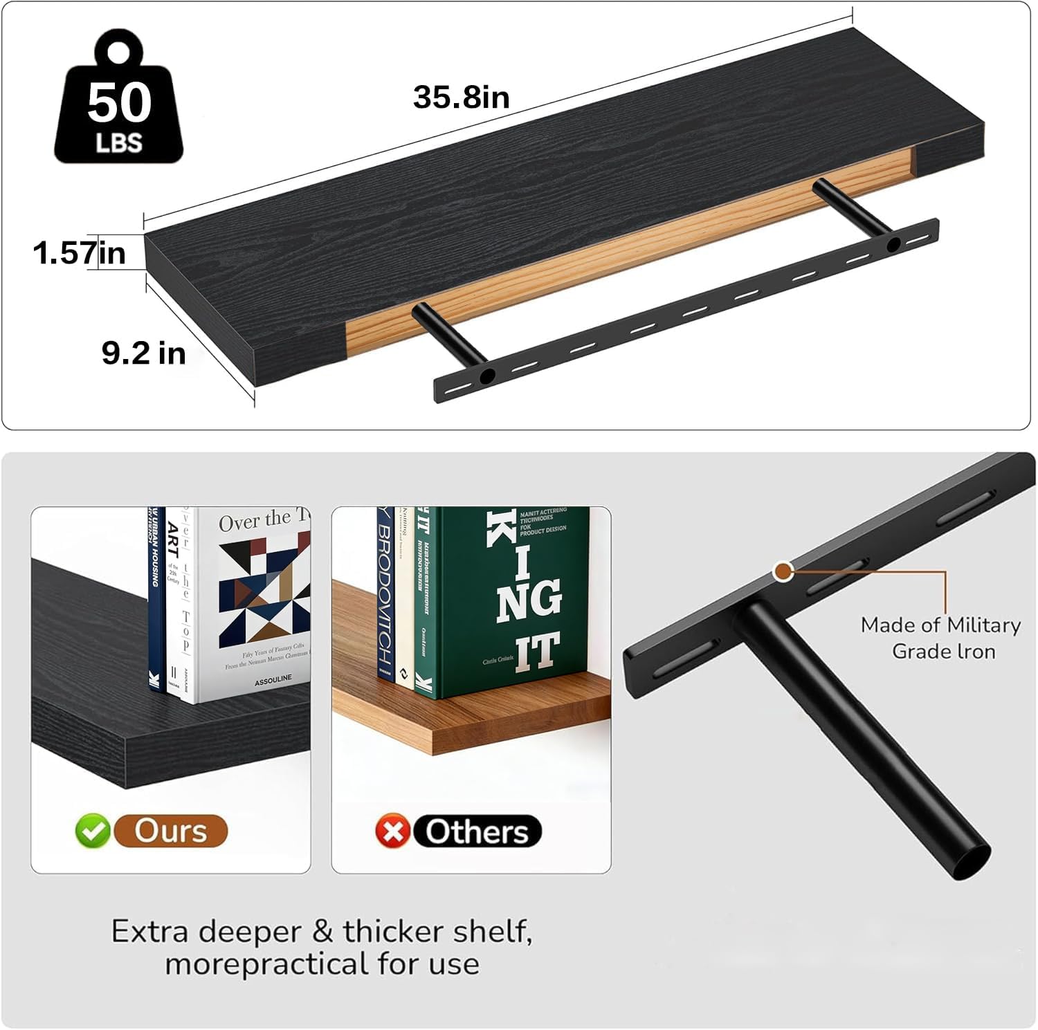 Solid Wood Floating Wall Shelves, Wall Mounted Display Bookshelf for Bedroom, Bathroom, Kitchen, Living Room, Decor Wall,Floating Shelf (Black, 35.8'W *9.25" D*1.57" H,Set of 2)