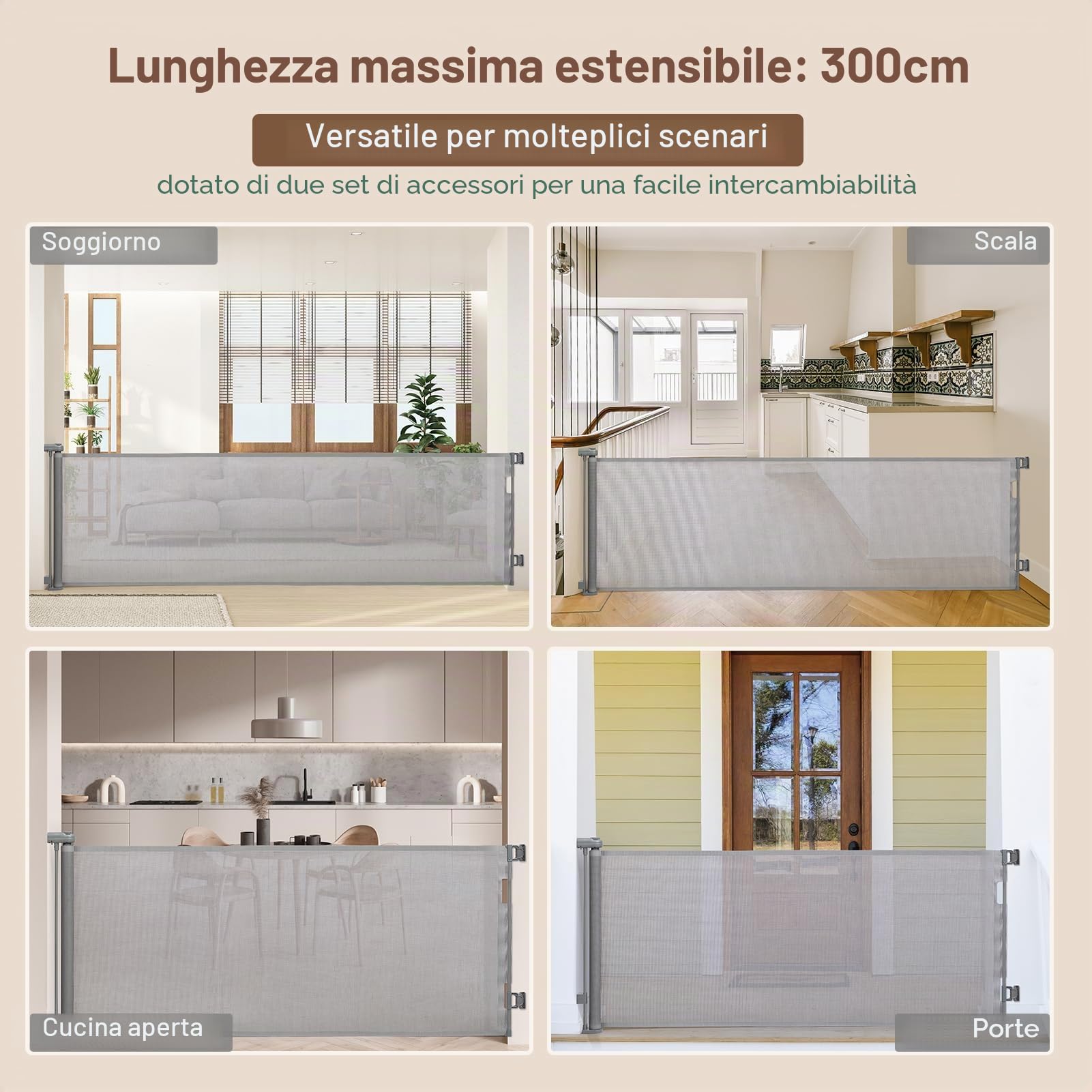 HollyHOME Cancello retrattile per scale, 300 cm, extra largo, con una sola mano, cancelletto di sicurezza per bambini e animali domestici, per interni ed esterni, grigio