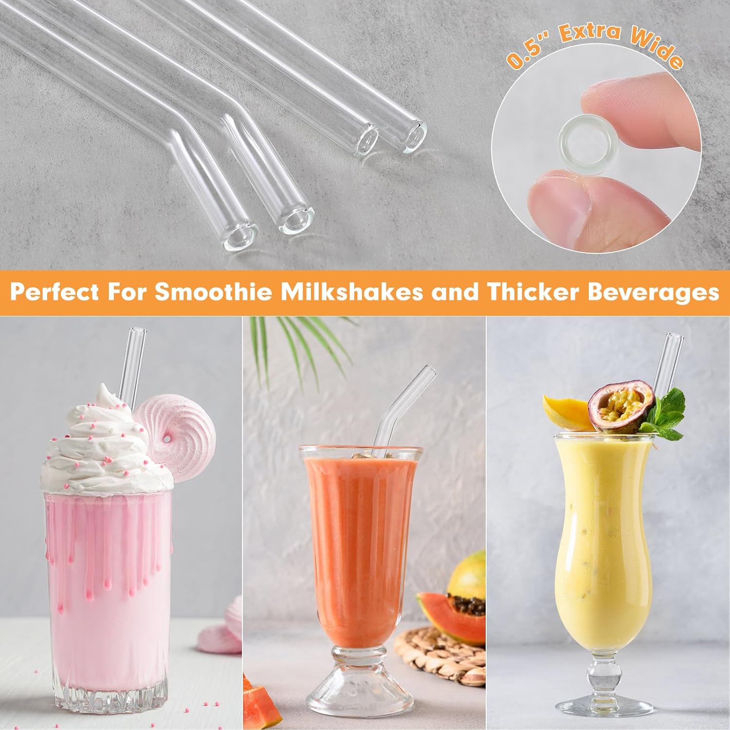10 Pcs Reusable Clear Glass Smoothie Straws,9''x12 mm Wide Glass Straws Shatter Resistant for Milkshakes,Tea,Juice,Set of 5 Straight and 5 Bent with 2 Cleaning Brushes -Dishwasher Safe thumbnail