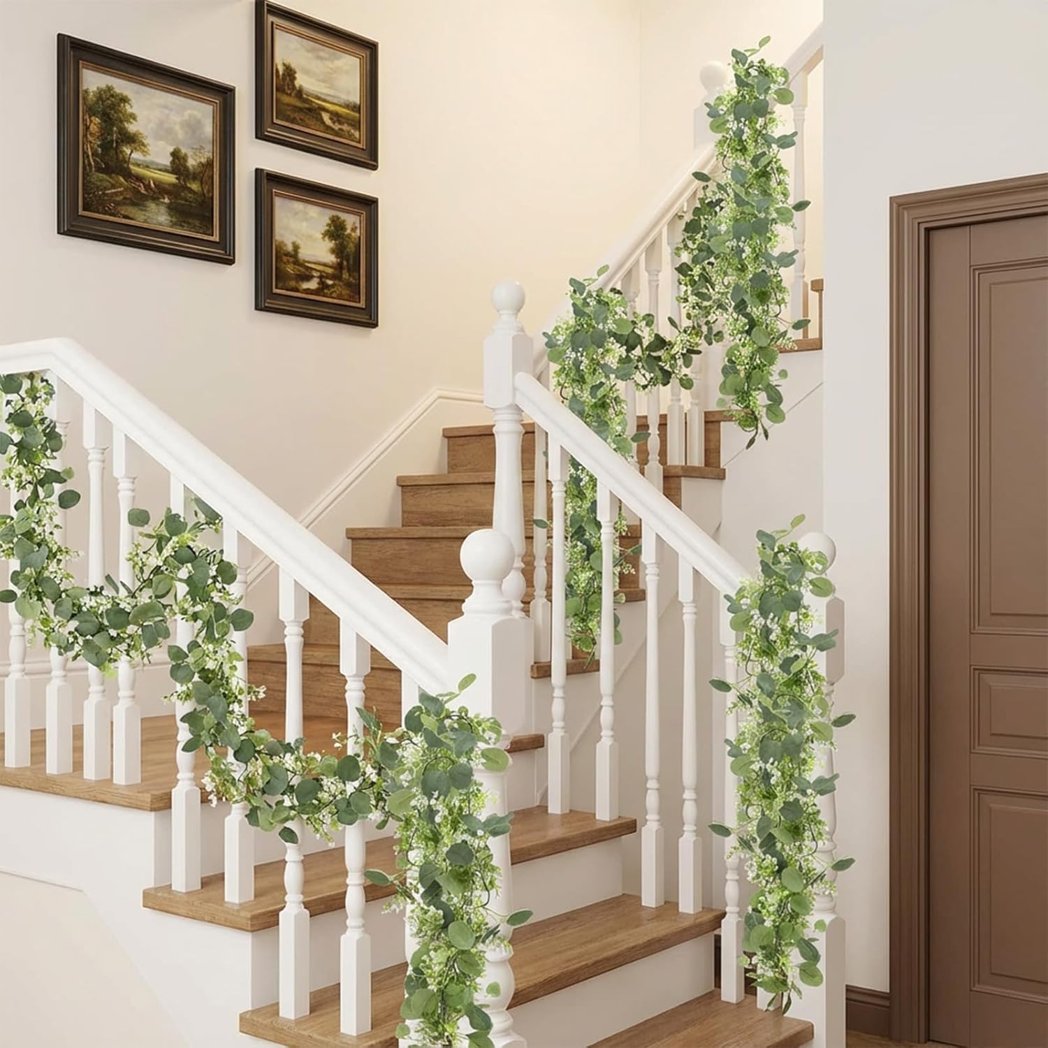 6 Pack 5.9 Feet Faux Eucalyptus Garlands Bulk, Artificial Wedding Garland with White Flowers Faux Silver Dollar Eucalyptus Leaves Vines for Table Home Wedding Party Indoor Outdoor Decor