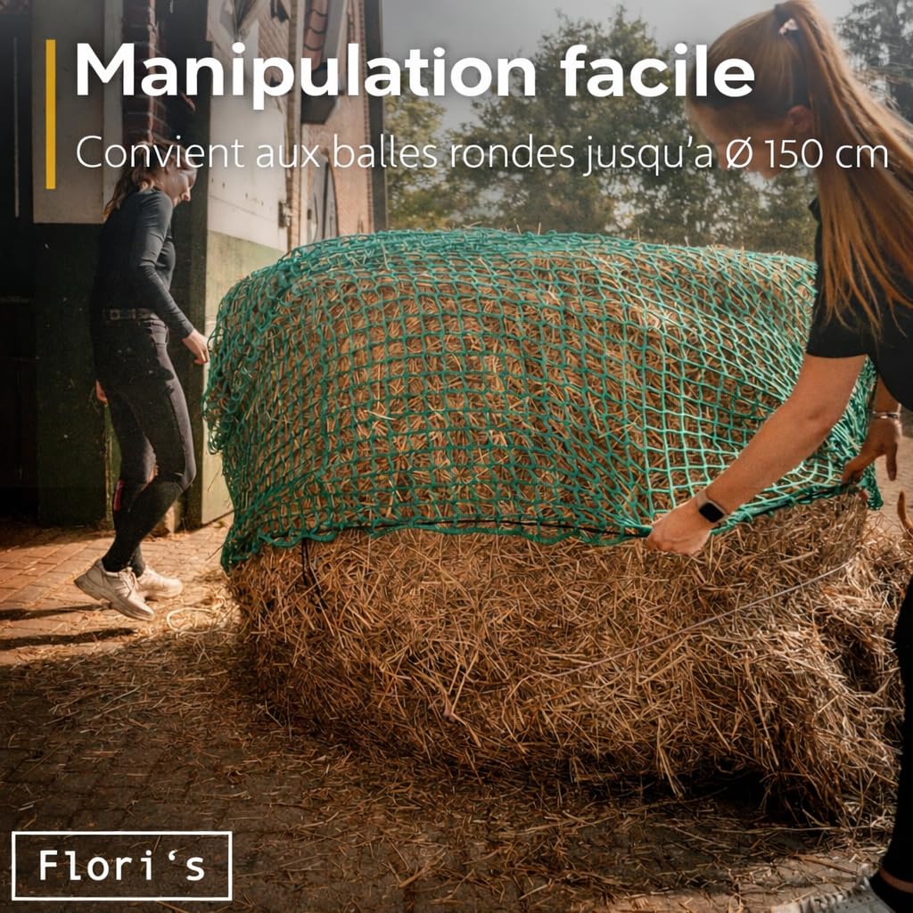 Flori's® Filet à foin pour balles rondes - Diamètre : 150 cm - Hauteur : 150 cm - Largeur des mailles : 4,5 x 4,5 cm - Filet à foin stable pour chevaux pour l'alimentation adaptée à l'espèce - Filet à