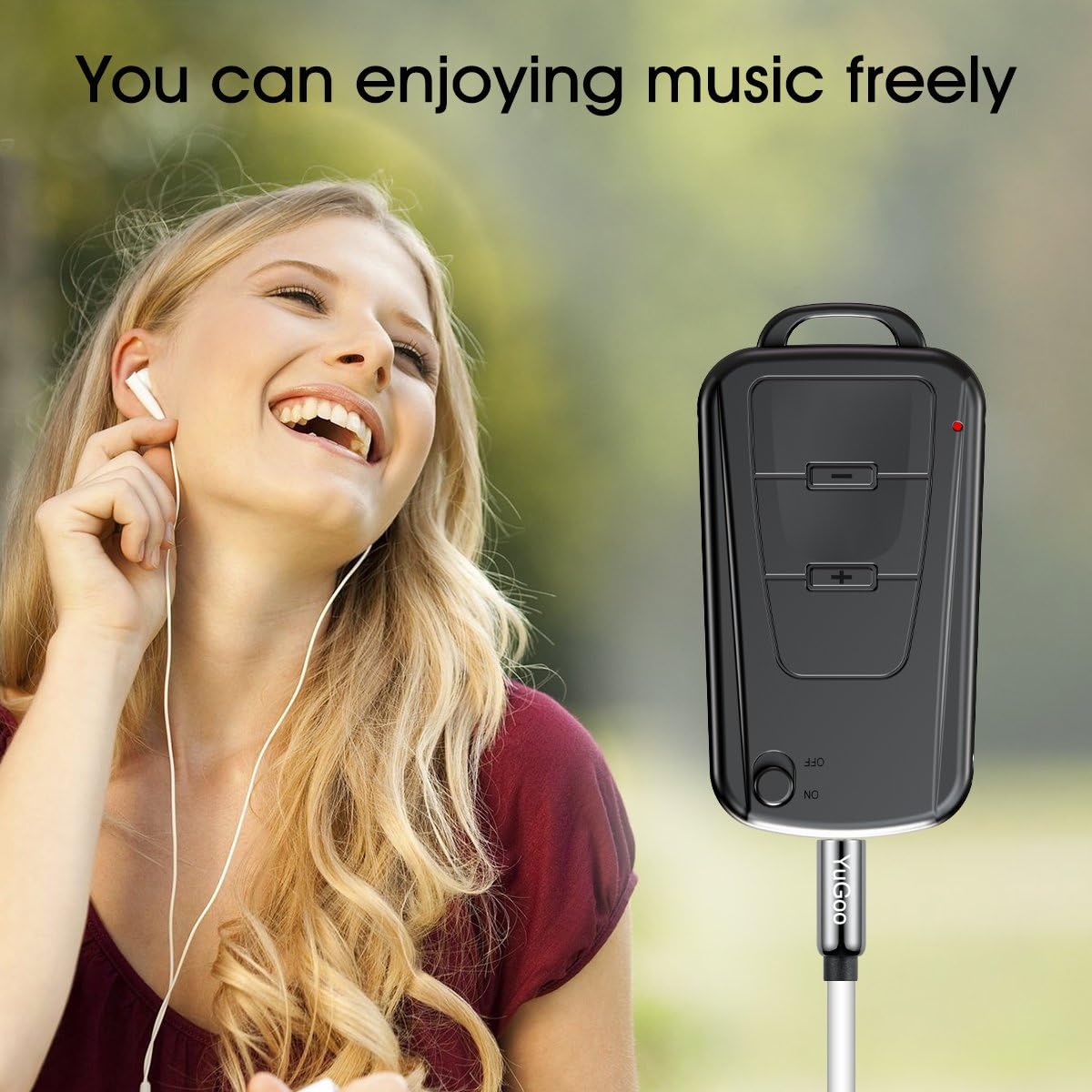 Person listening to music with earphones connected to the Vandlion V8 recorder