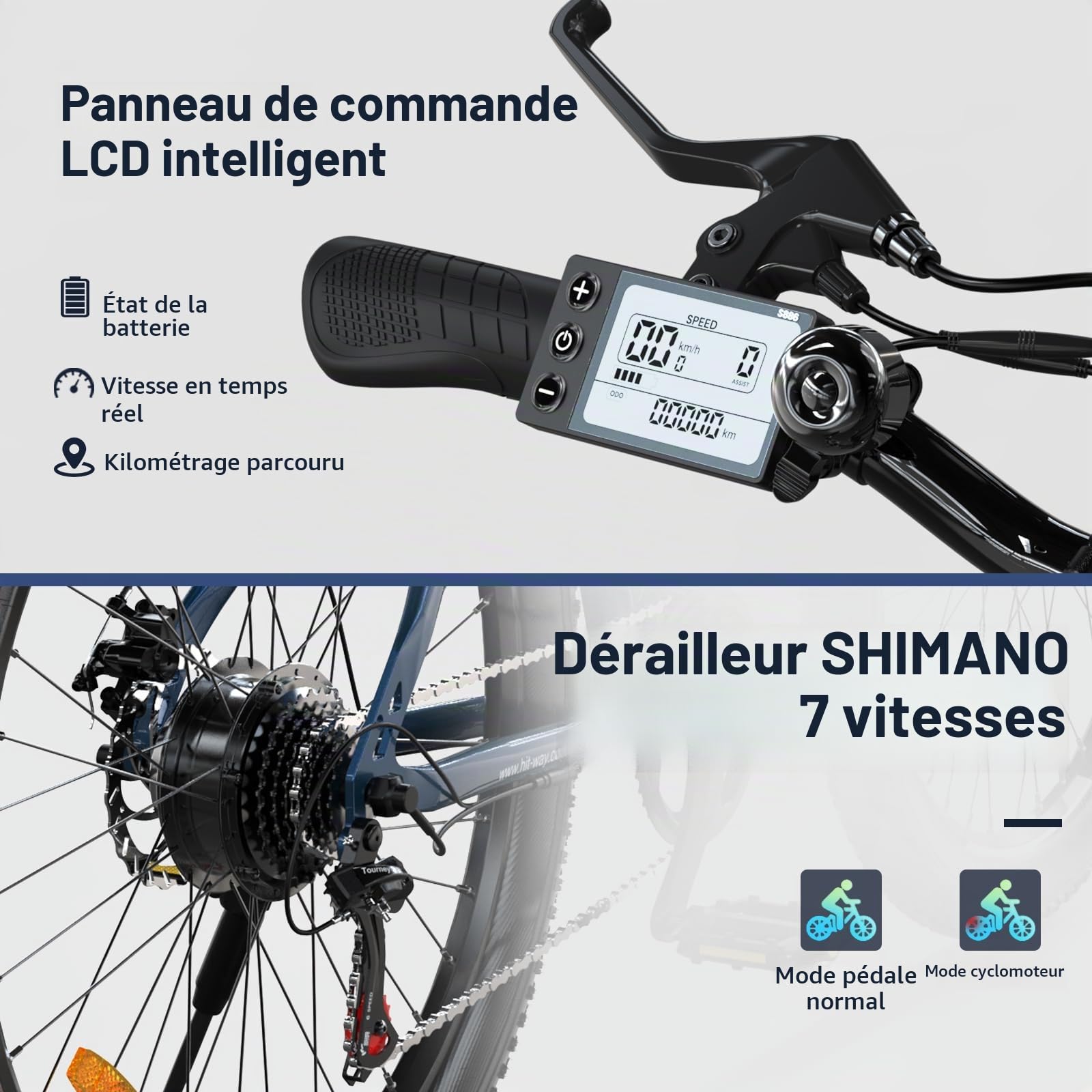 HITWAY Vélo Électrique, 26 * 3.0/4.0 Pouces VTT Électrique avec Batterie au Lithium Amovible 48V15Ah, Ville E-Bike avec 7 Vitesses, Moteur 250Wh, Autonomie 45-80km pour Adulte