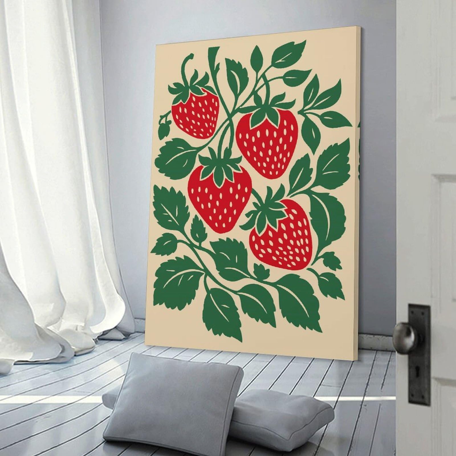 Junmoney Stylized Strawberry Plant Illustration Room Decor Wall Art, 20x30inch(50x75cm), for Home, Office, Studio Or Guest Room, Canvas Wall Art That Fits Changing Layouts