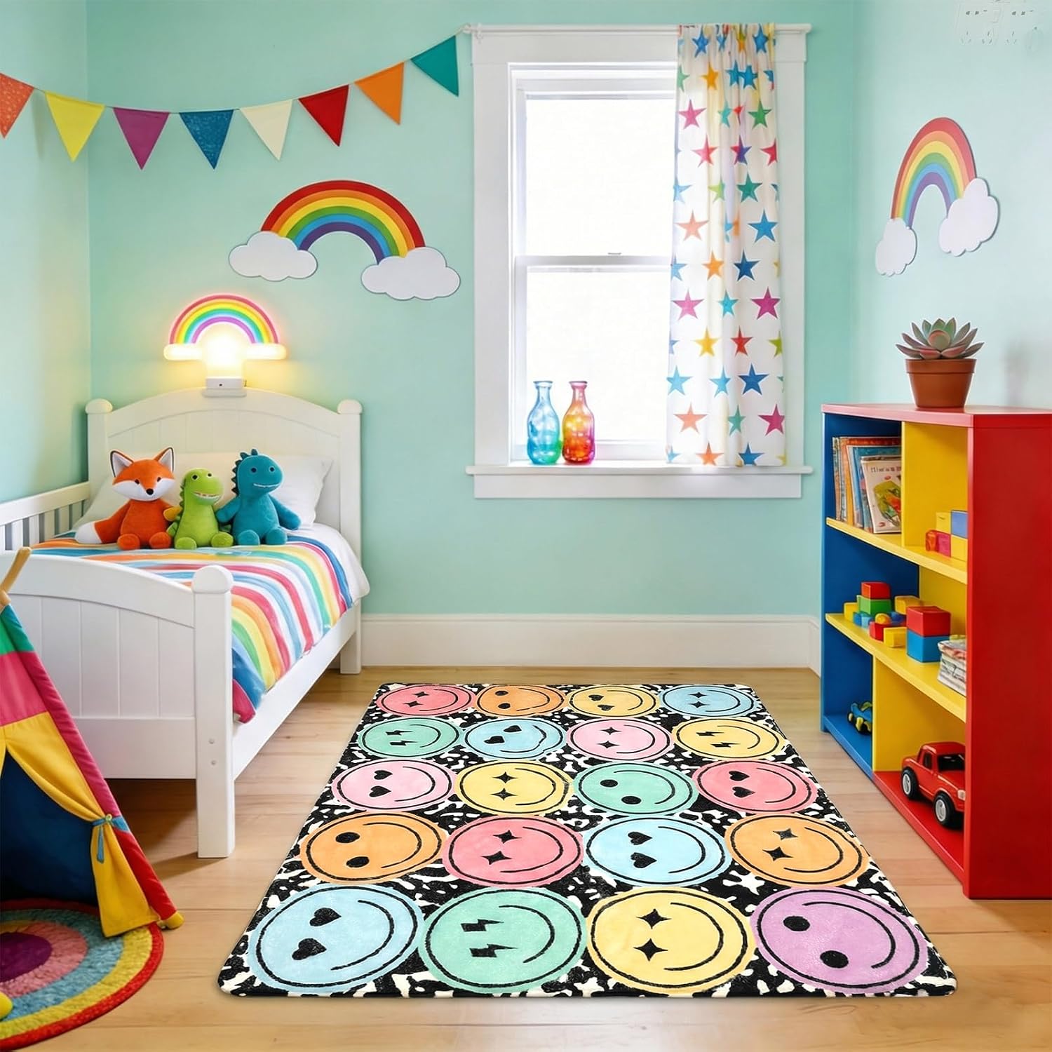 3.3x6.6 ft Pastel Smile Face Classroom Rug Composition Notebook Play Carpet Educational Area Rug Pastel Face Play Mat Non-Slip Back to School Floor Mat for Teaching Playroom Nursery Daycare Home Decor