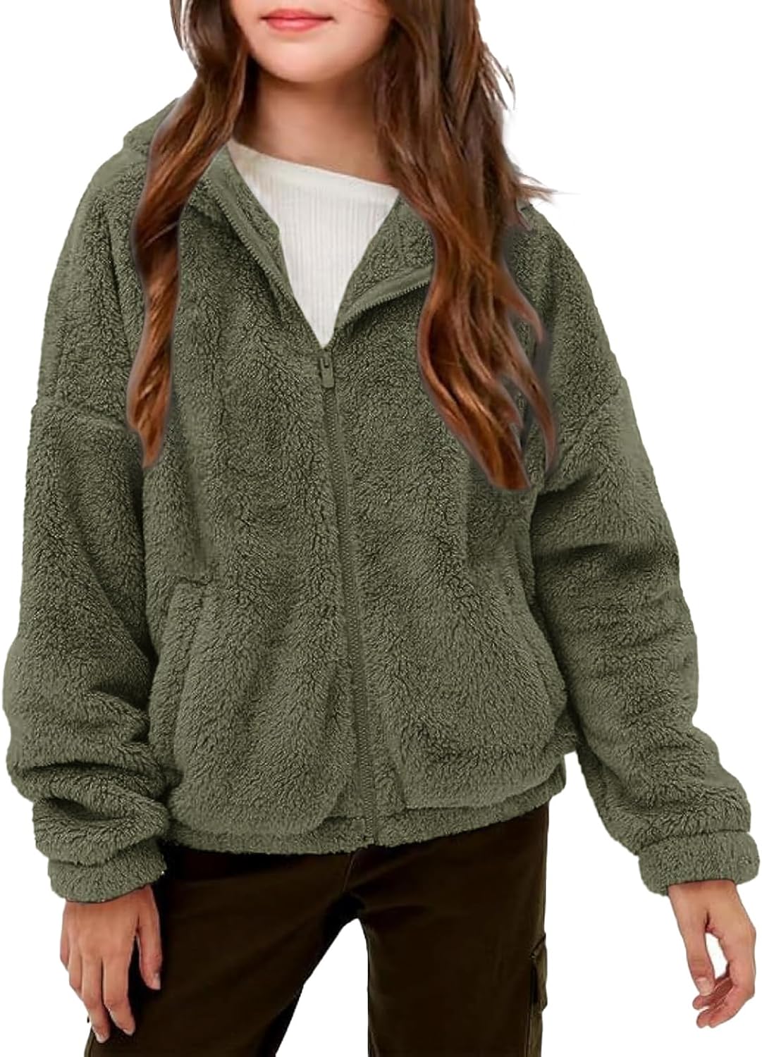 Girls Fuzzy Outerwear Jacket Kids Soft Oversized Jackets Zip up Hoodie Warm Sweatshirt with Pockets 5-14 years