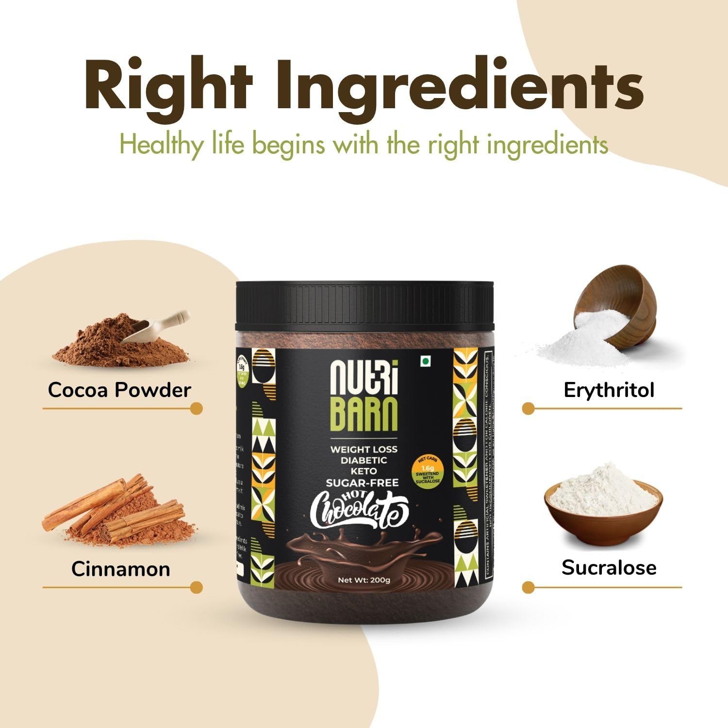 Nutribarn Sugar-Free Hot Chocolate Mix 200g. 1.6g Net Carb. Zero added Sugar, Low Carb, Low Calorie. Sweetened with Sucralose.
