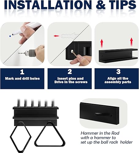 Miniatura 7 de Soporte de pared para palos de billar, soporte para 6 palos de piscina y accesorios de billar, estilo rústico (negro - con estante de bolas)
