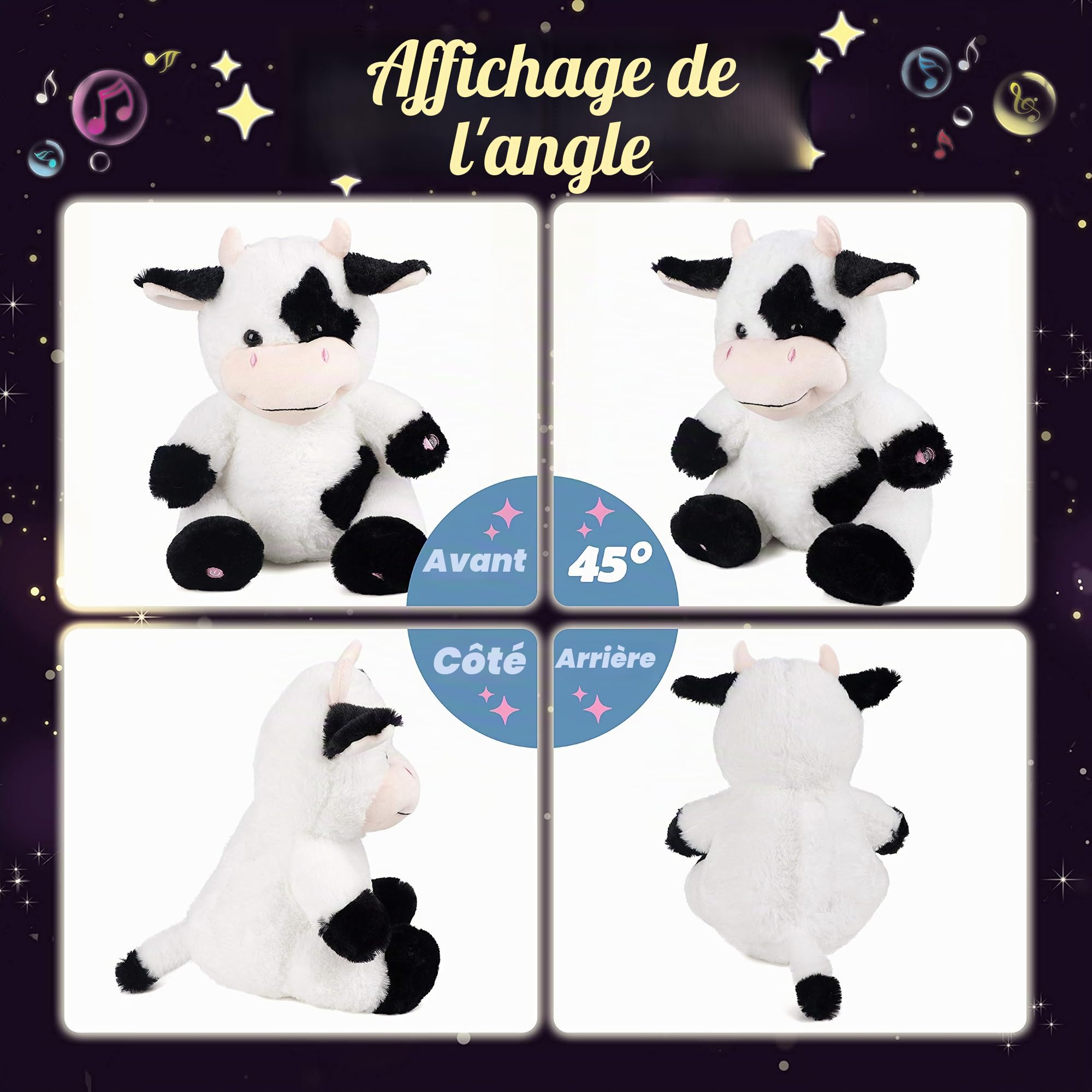 Hopearl Vache Musicale Peluche Lumineuse LED Qui Chante Volume Réglable, Veilleuse Animée Apaisante - Cadeau Anniversaire Fête pour Enfants Filles, 33cm