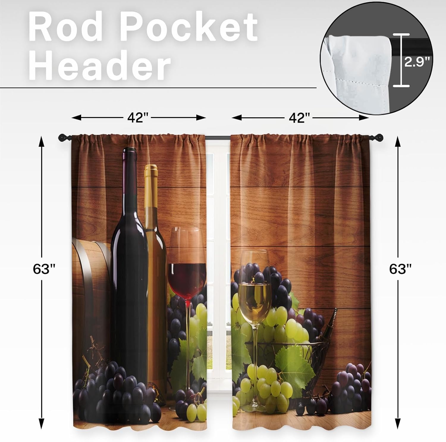 Wine Kitchen Curtains 63 Inch Length Farmhouse Window Curtains Over Sink Set of 2, Vintage Curtain for Bedroom Living Room, Rustic Retro Kitchen Decor 42x63 Inch