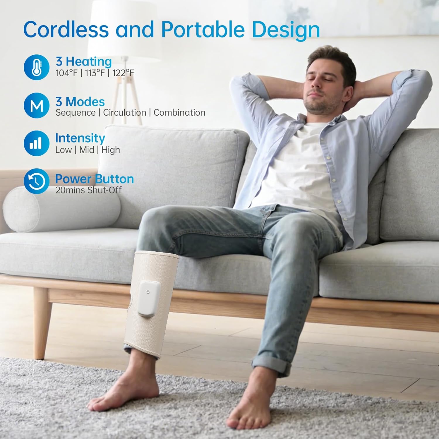 Cordless Air Compression Leg Massagers for Circulation and Pain Relief with Heat, 3 Modes 3 Intensities Relax Wearable Thigh or Calf Leg Massagers for Home Office Gym, Gift for Men Women
