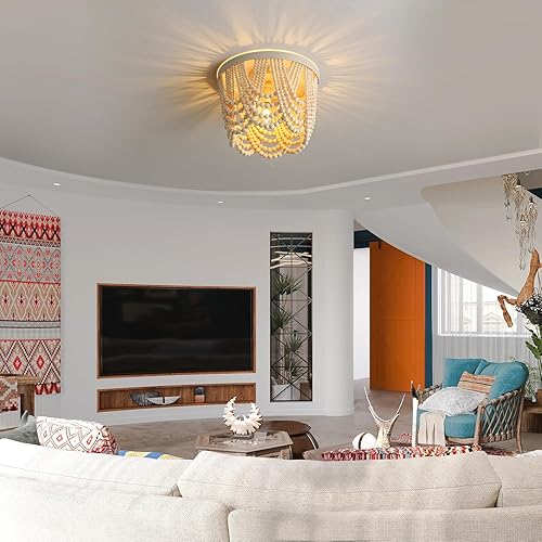 Miniatura 6 de Lámpara bohemia con cuentas estilo bohemio, lámpara de techo con cuentas, lámpara de 3 luces con cuentas de madera, lámpara de guardería para