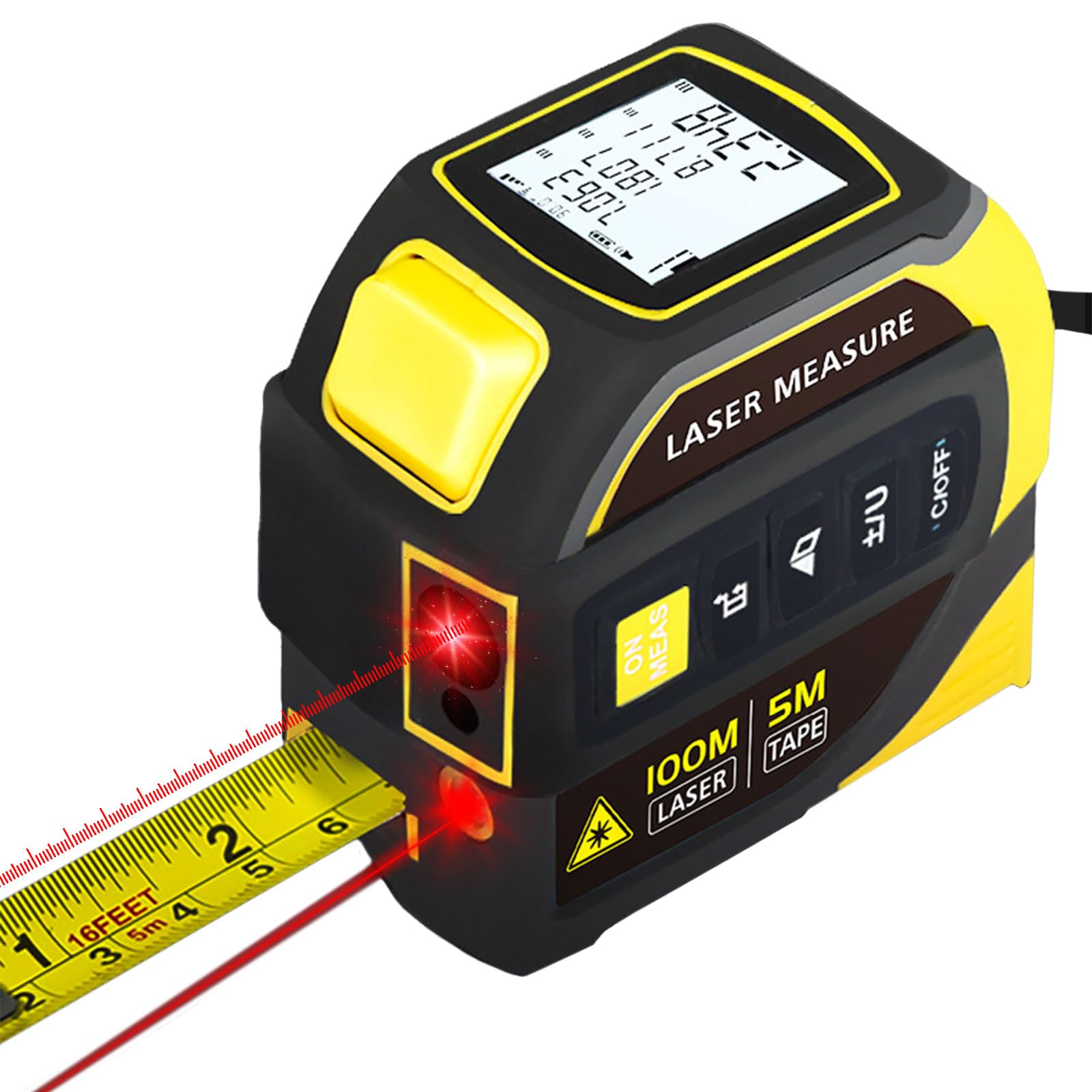 4 in 1 Digital Laser Tape Measure with Laser Level Crosshairs, 100m Laser Measurement Tool Self-levelling Accurate with LCD in/ft/m 5m Autolock Tape Distance, Area, Volume