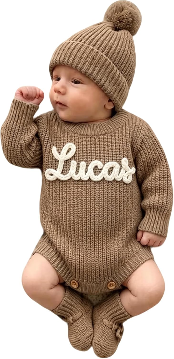 Personalized Baby Romper Set Hand Embroidered Name, Custom Newborn Coming Home Outfit Cotton Knit Sweater with Booties Hat Gender Neutral Gift