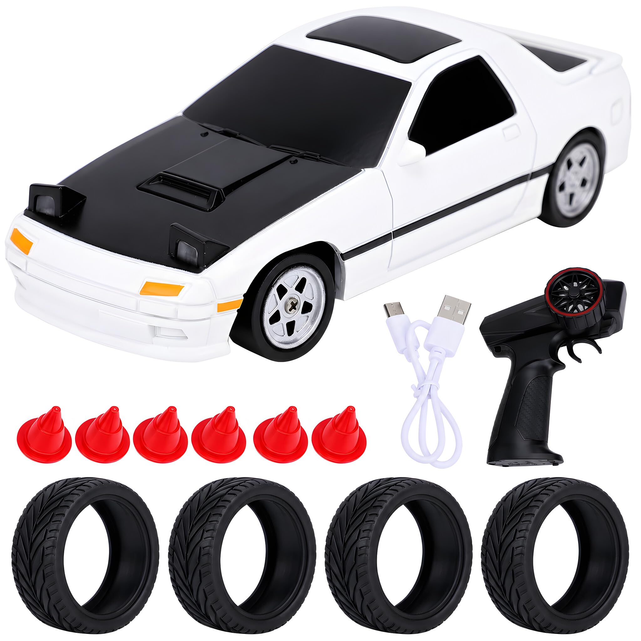 Mini Drift Auto 1:60 2,4 GHz RC Auto Drift Car napęd na wszystkie koła, zdalnie sterowany z żyroskopem, wymienne opony, oświetlenie LED i pełne proporcjonalne sterowanie, samochód RC (biały)
