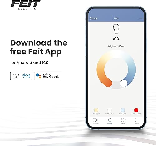 Miniatura 8 de Feit Electric Bombilla LED inteligente A19, equivalente a 60 W, regulable, cambio de color RGBW, compatible con Alexa y Google Home, 2.4 GHz Wi-Fi