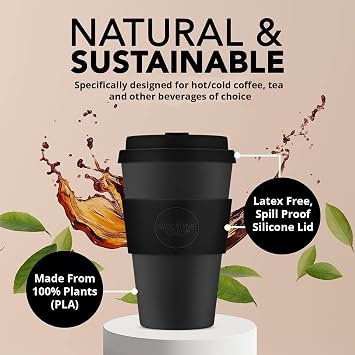 Ecoffee Cup 14oz (400ml) Reusable Coffee Cup PLA Plant-Based Travel Mug with Silicone Lid, Melamine Free & Dishwasher Safe Kerr & Napier