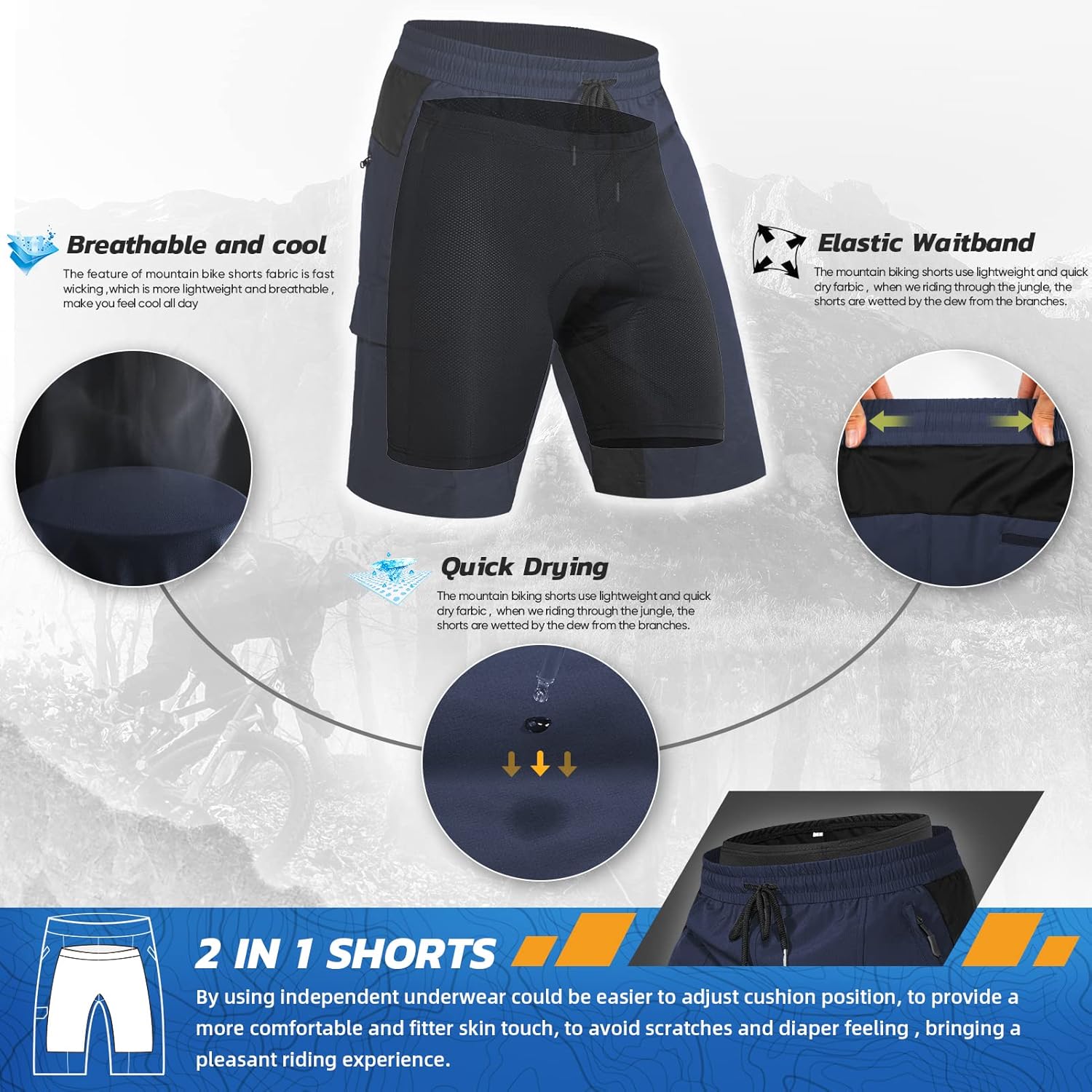 Hiauspor Men's Padded Mountain Bike Shorts MTB Loose Fit Quick Dry Cycling Shorts Biking for Men with 5 Pockets : Clothing, Shoes & Jewelry