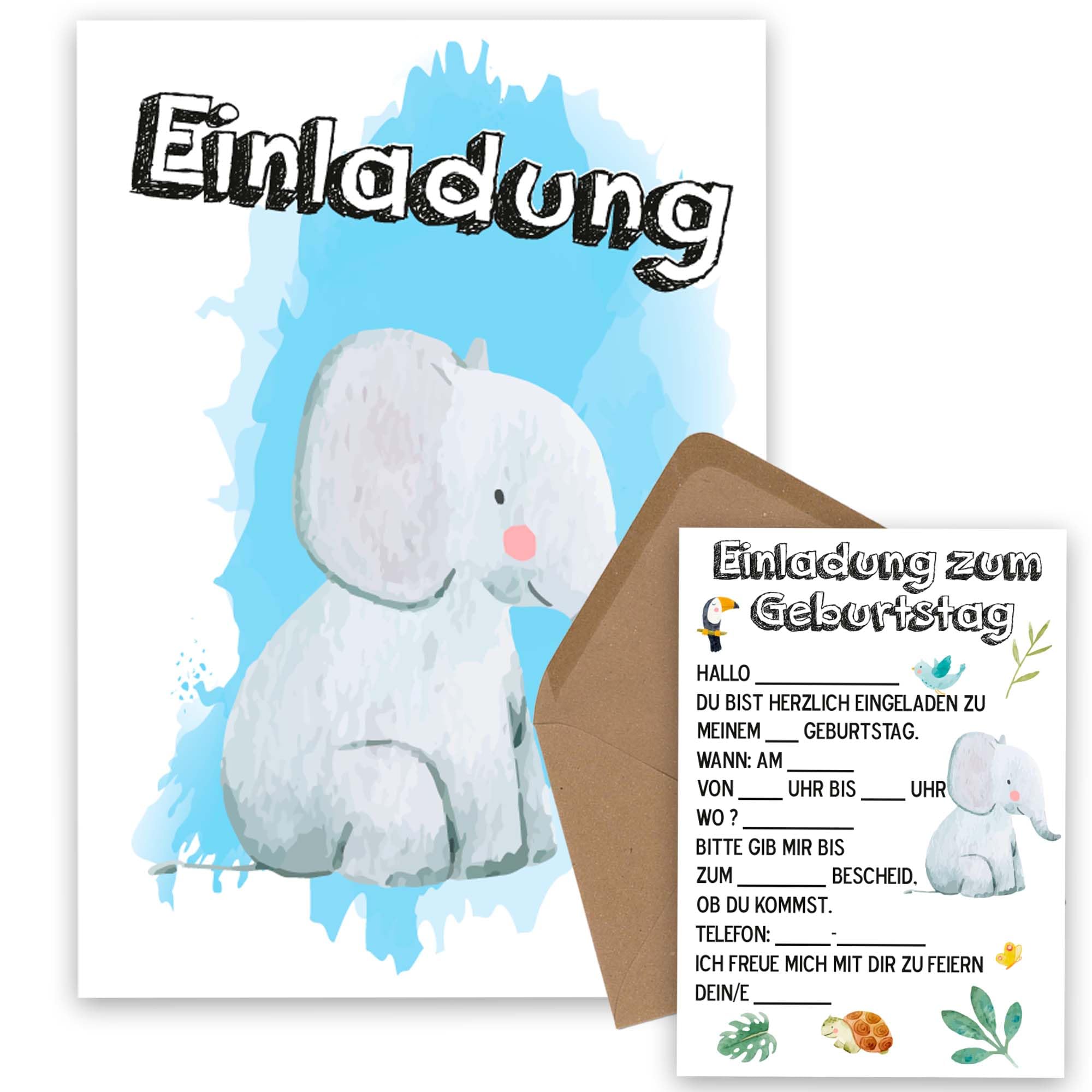 OWLBOOK Elefant Safari 50 Einladungskarten Kindergeburtstag Junge Mädchen Kinder - Wilde Tiere Geburtstag - Kindergeburtstagseinladungen Wald Tiere Zoo Dschungel Einladungen zum Ausfüllen mit