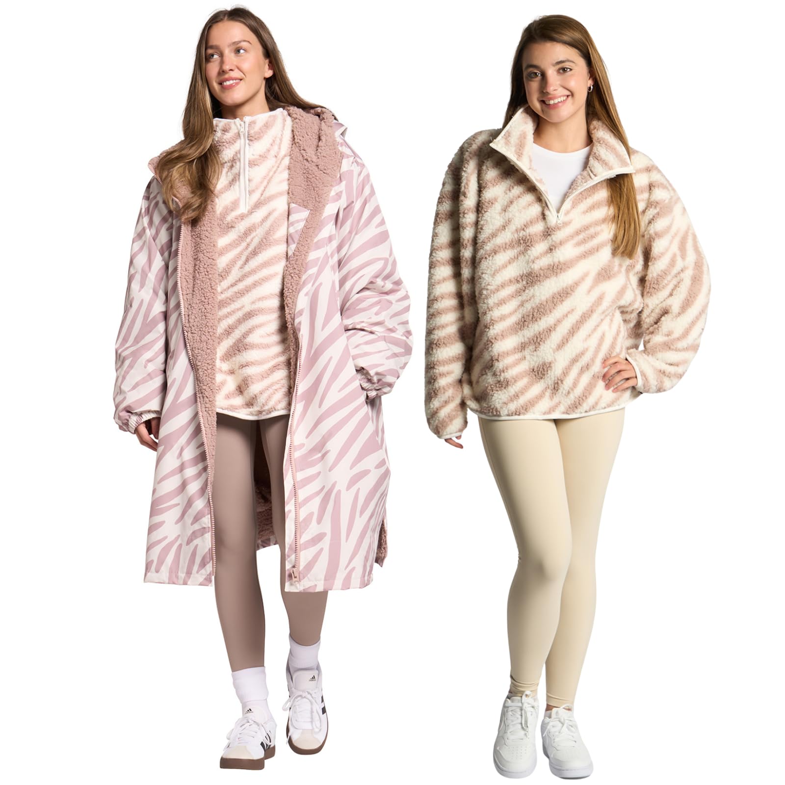 OHS Dry Robes Adult Womens Changing Robe, Mothers Day Gifts Waterproof Jacket with Hood & Pockets Rain Coat with Long Sleeve Teddy Fleece Pullover Half Zip Women for Outdoor, Zebra Beige- S/M