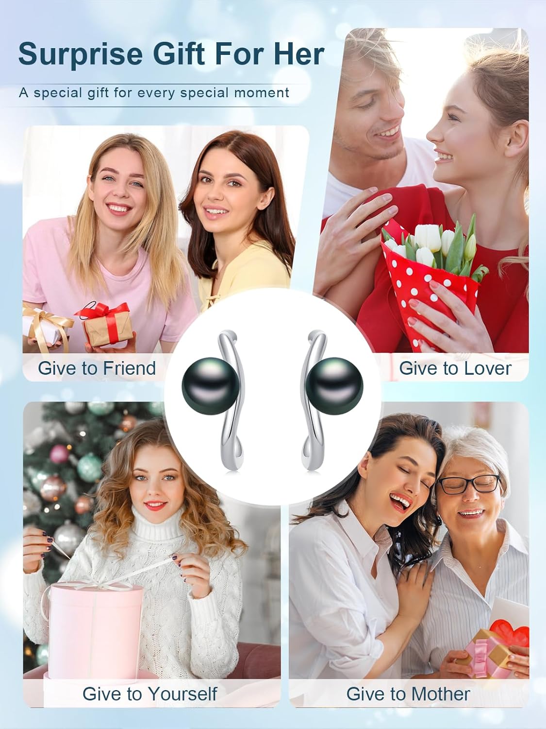 Tahitian Black Pearl Earrings Stud 925 Sterling Silver Black Pearl Earrings Valentine's Day Birthday Christmas Jewelry Gift for Women Mom Wife Her - Image 5