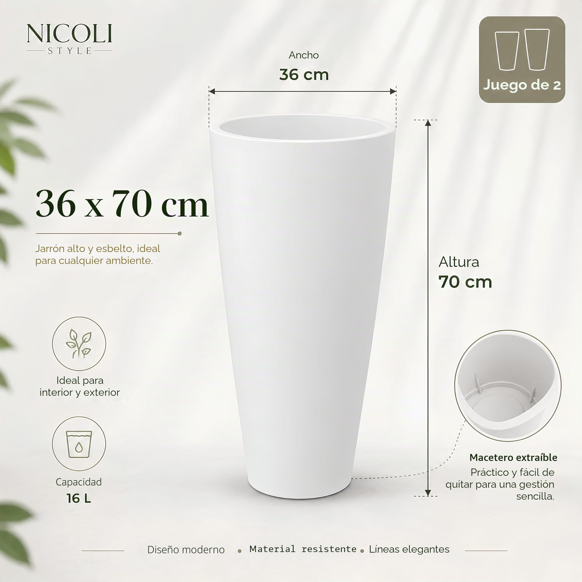 Nicoli Macetero alto Style 36 x 70 cm de altura, interior y exterior, base extraíble (2 unidades, 36 x 70 cm, blanco)