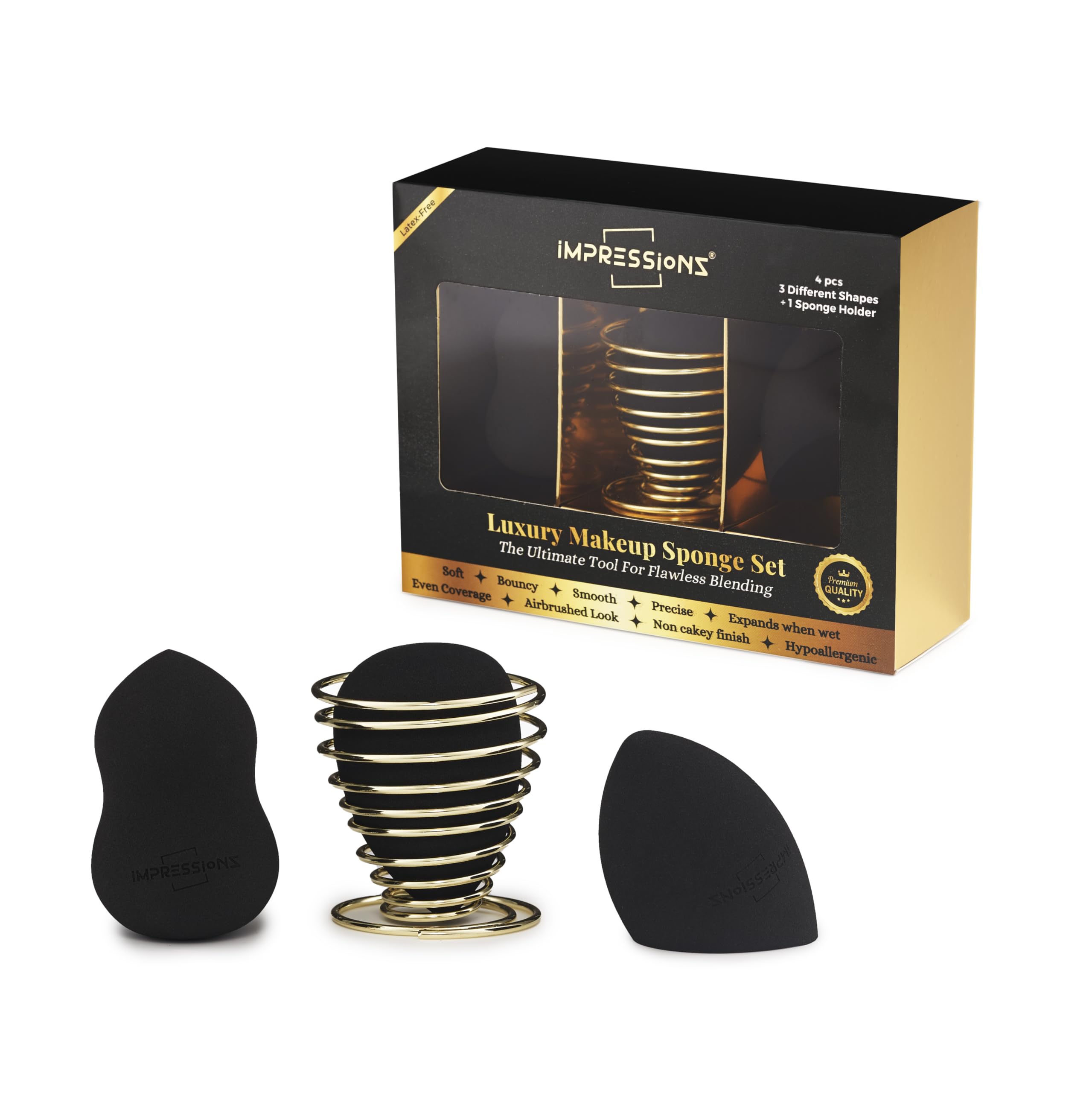 ImpressionZ Makeup Sponge Set, 3 Pcs Blending Sponges with 1 Holder, Multi-shape Cosmetic Applicators for Foundation, Vegan & Cruelty Free, Black, Polyurethane