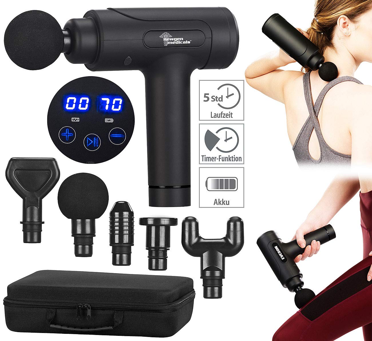 newgen medicals Massagepistolen: Akku-Hand-Massagegerät mit 6 Aufsätzen & 20 Stufen, 20 Watt (Fitness Massagegerät, Massage Maschine, Gun)