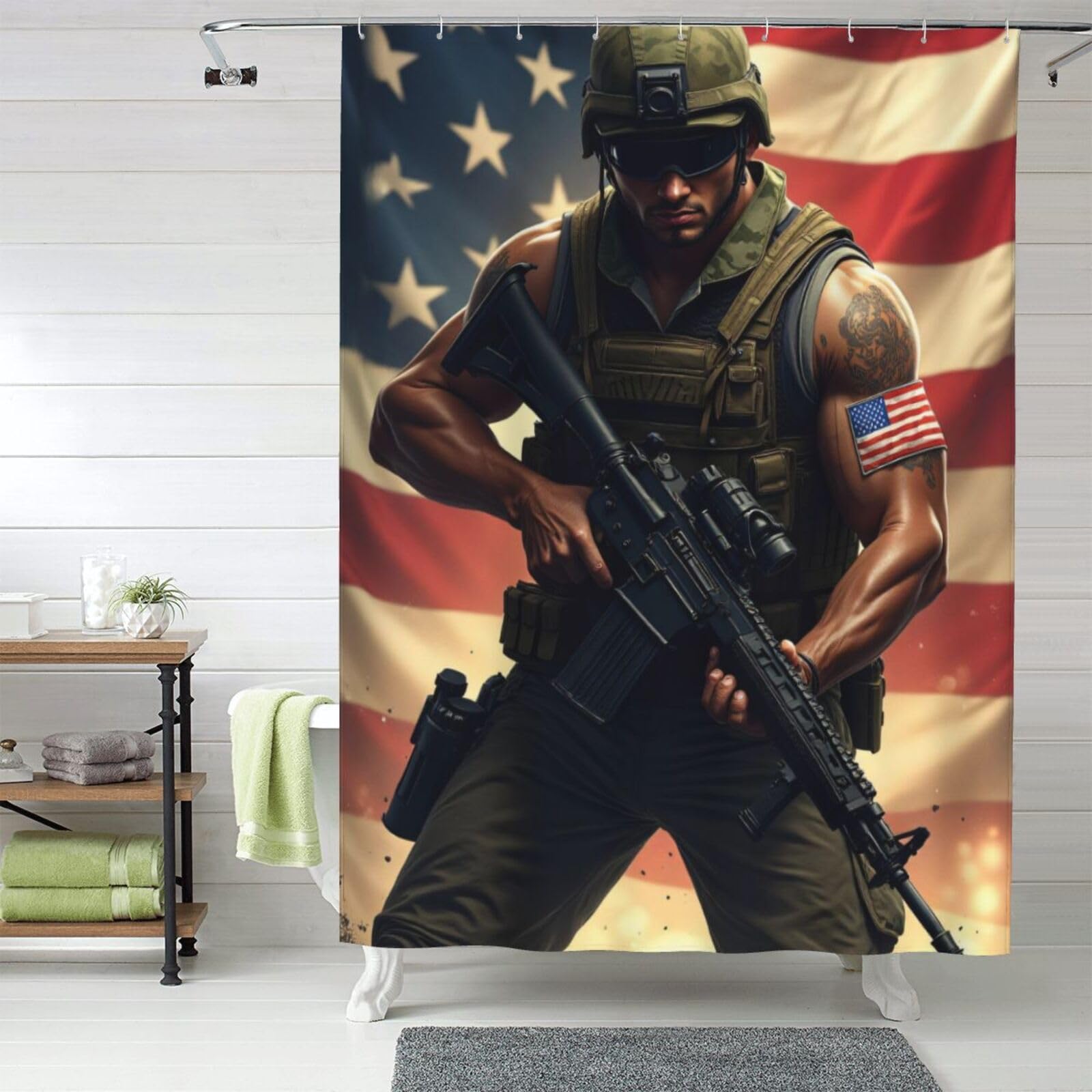 Rideau de douche imprimé soldat en tissu épais lavable 152x183 cm
