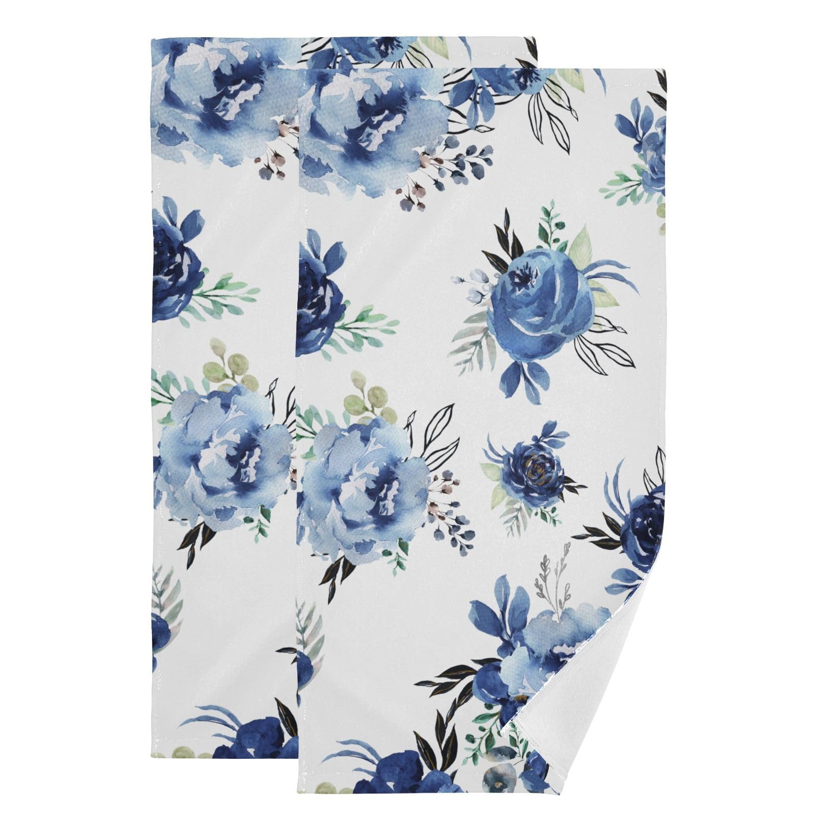 HUAZHIKOU Navy Blue White Rose Floral Hand Towels for Bathroom Set of 2 Soft Absorbent Watercolor Blossom Peony Botanical Kitchen Towels Decorative