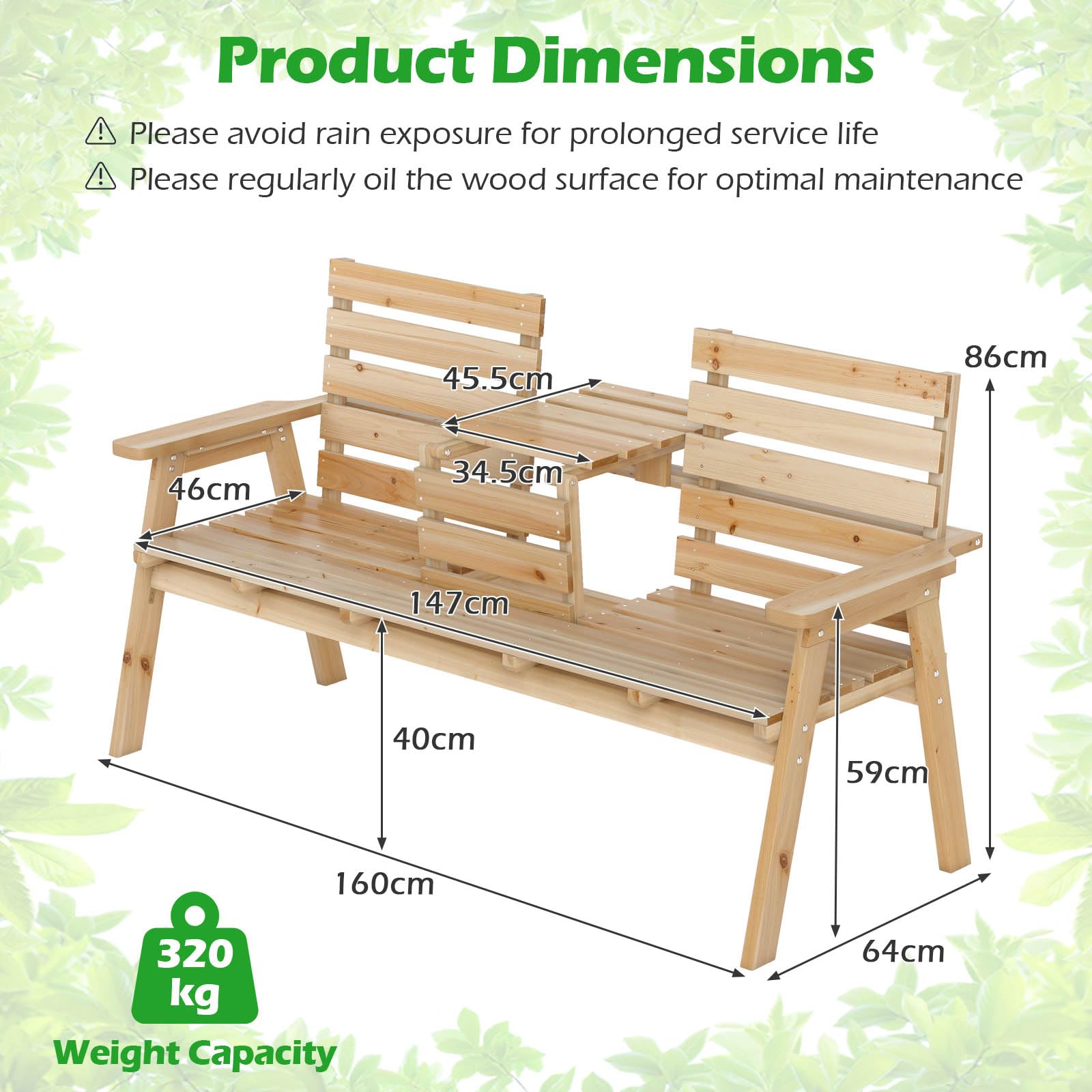 GIANTEX Gartenbank mit Tisch, Massive Holzbank mit klappbarem Mitteltisch, Sitzbank Bank 3 Sitzer, Parkbank ergonomisch mit Rücken- & Armlehnen, Garten Balkonbank Terrassenbank bis 320 kg belastbar