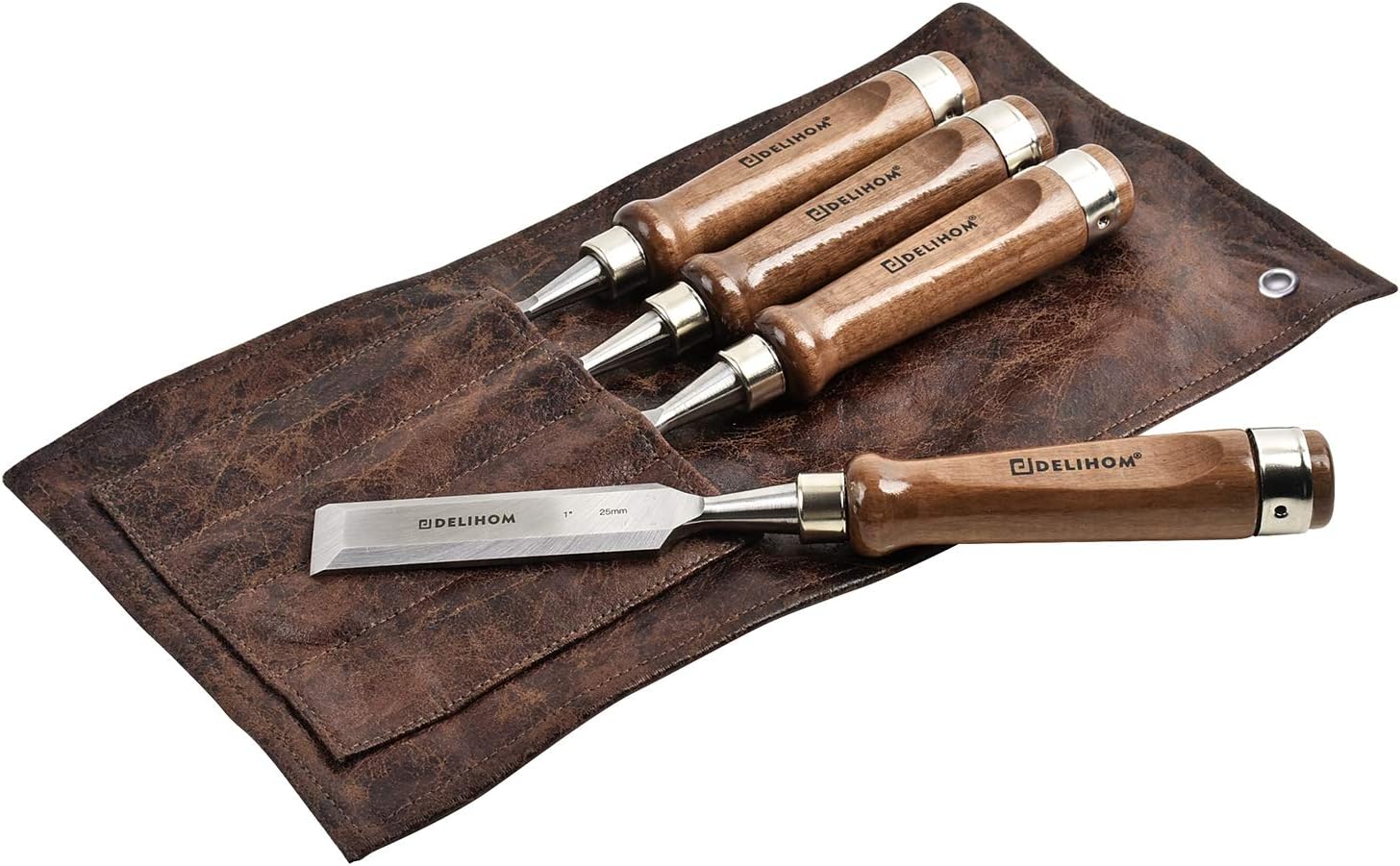 Chisel Set Woodworking 4pc Wood Chisel Tool Setsย Chrome Vanadium Steel Woodworking Chisels Set with Walnut Handle 1/4" 1/2" 3/4" 1"