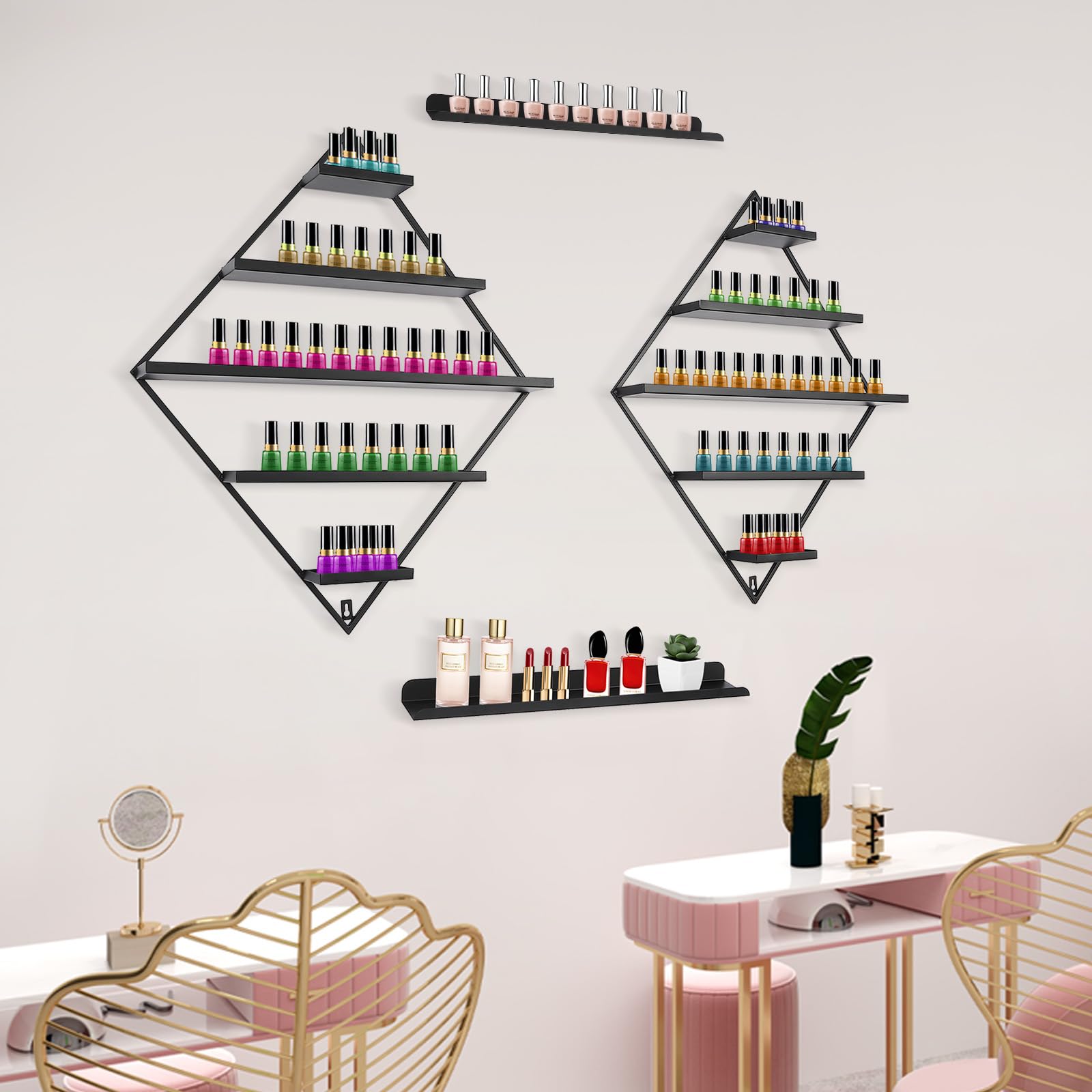 5 livelli mensola per smalto da parete, mensola per unghie può contenere circa 90 bottiglie di smalto per il negozio di cosmetici, salone di bellezza (nero)