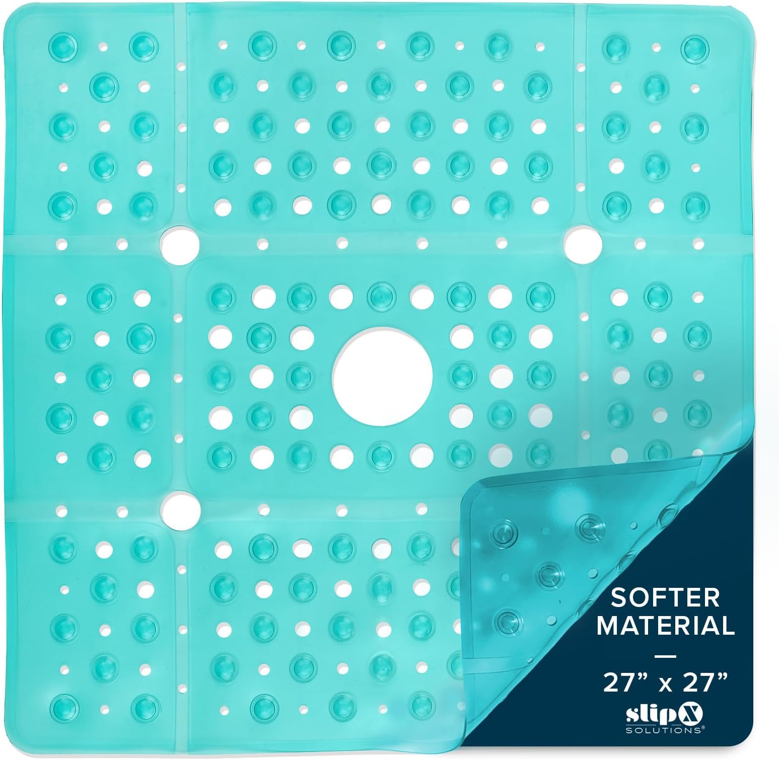 SlipX Solutions Accu-Fit Square Shower Mat, Extra Large 27"x27", Non-Slip Stall Mat for Elderly & Kids Standing Bath Tub Mat, Machine Washable, Suction Cups, Transparent Aqua