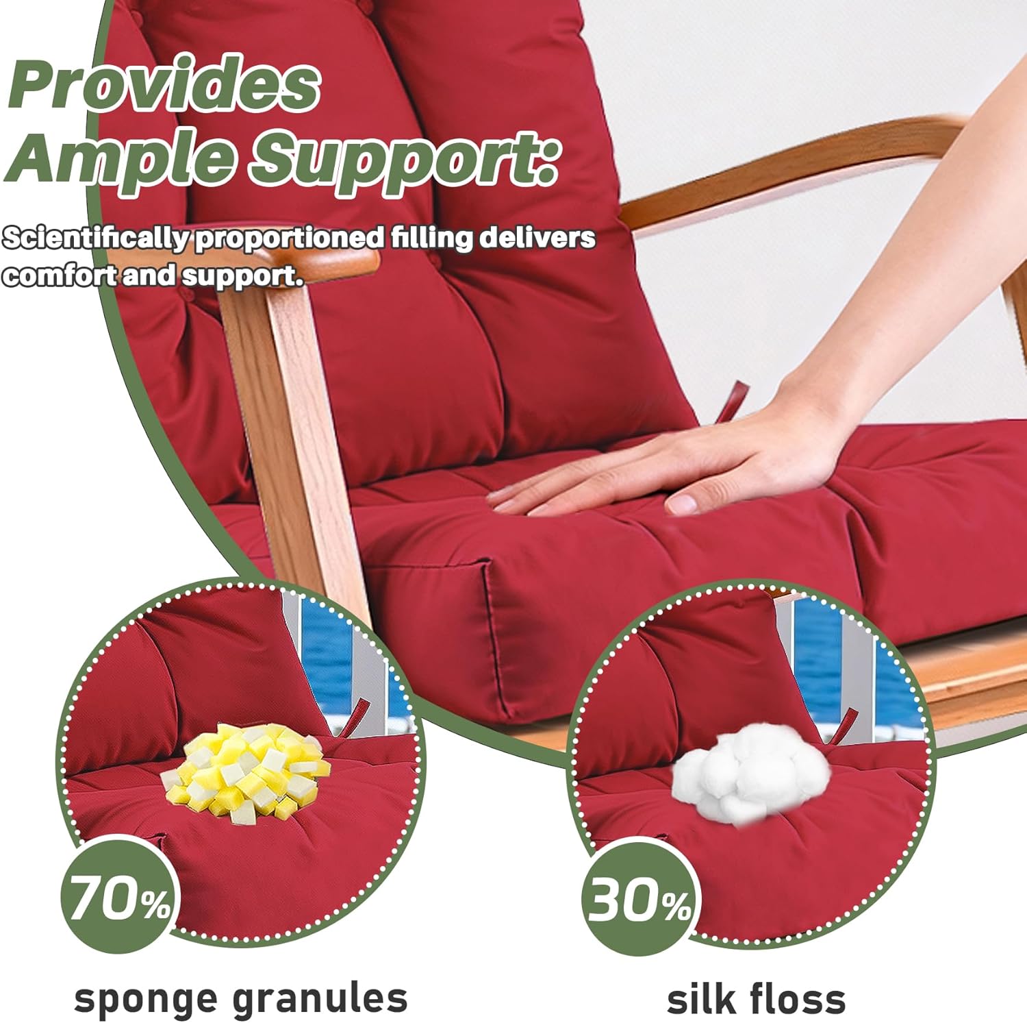 Rocking Chair Cushion Set Waterproof Weather Resistant Tufted with Ties, Non-Slip High Back Chair Pads for Garden Patio Wooden Rockers