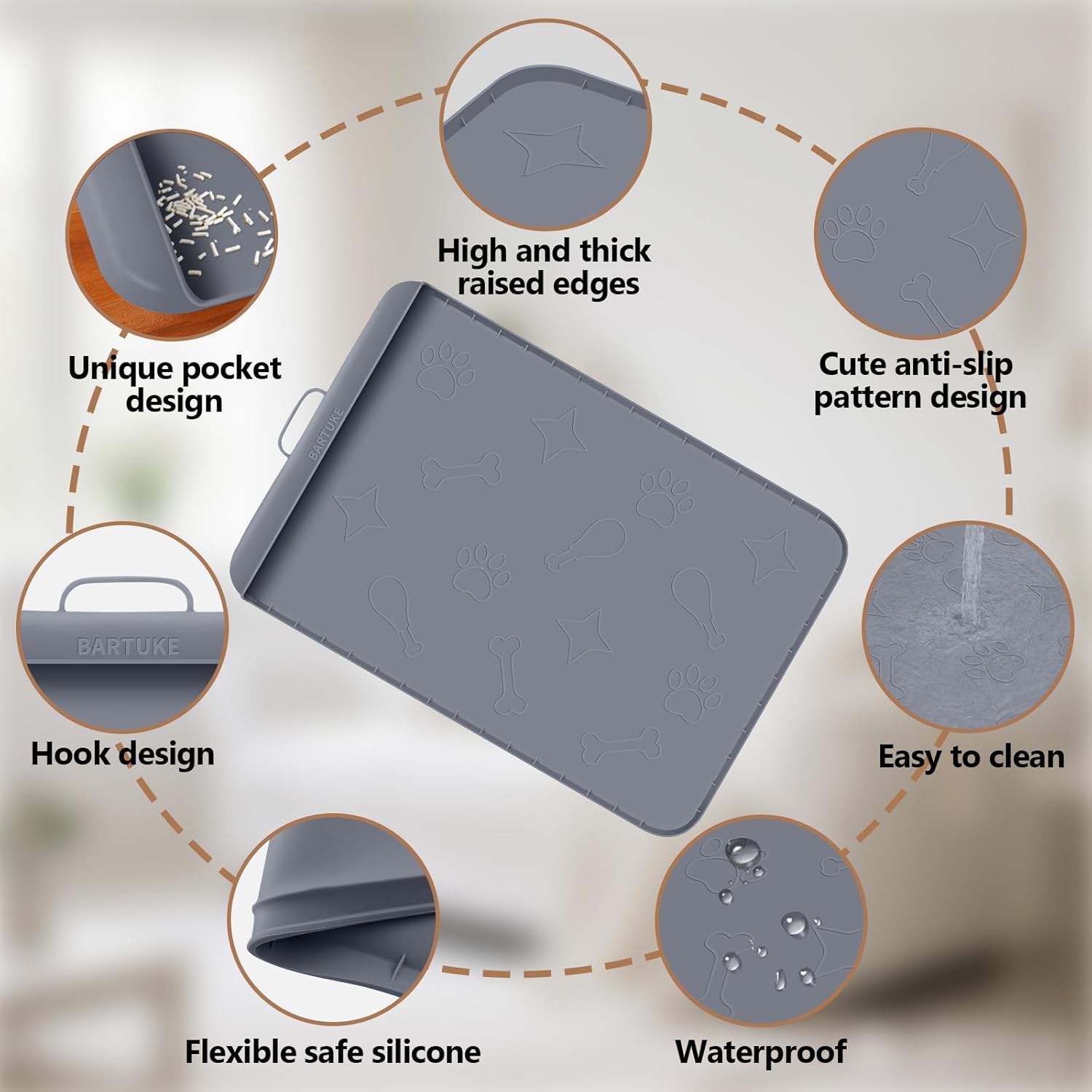 Silicone Cat Litter Mat with Collection Pocket, 42" x 28" Large Cat Litter Box Mat Waterproof Anti-Slip Litter Trapping Mat with Edge and Handle Pet Placemat for Floors (Dark Grey)