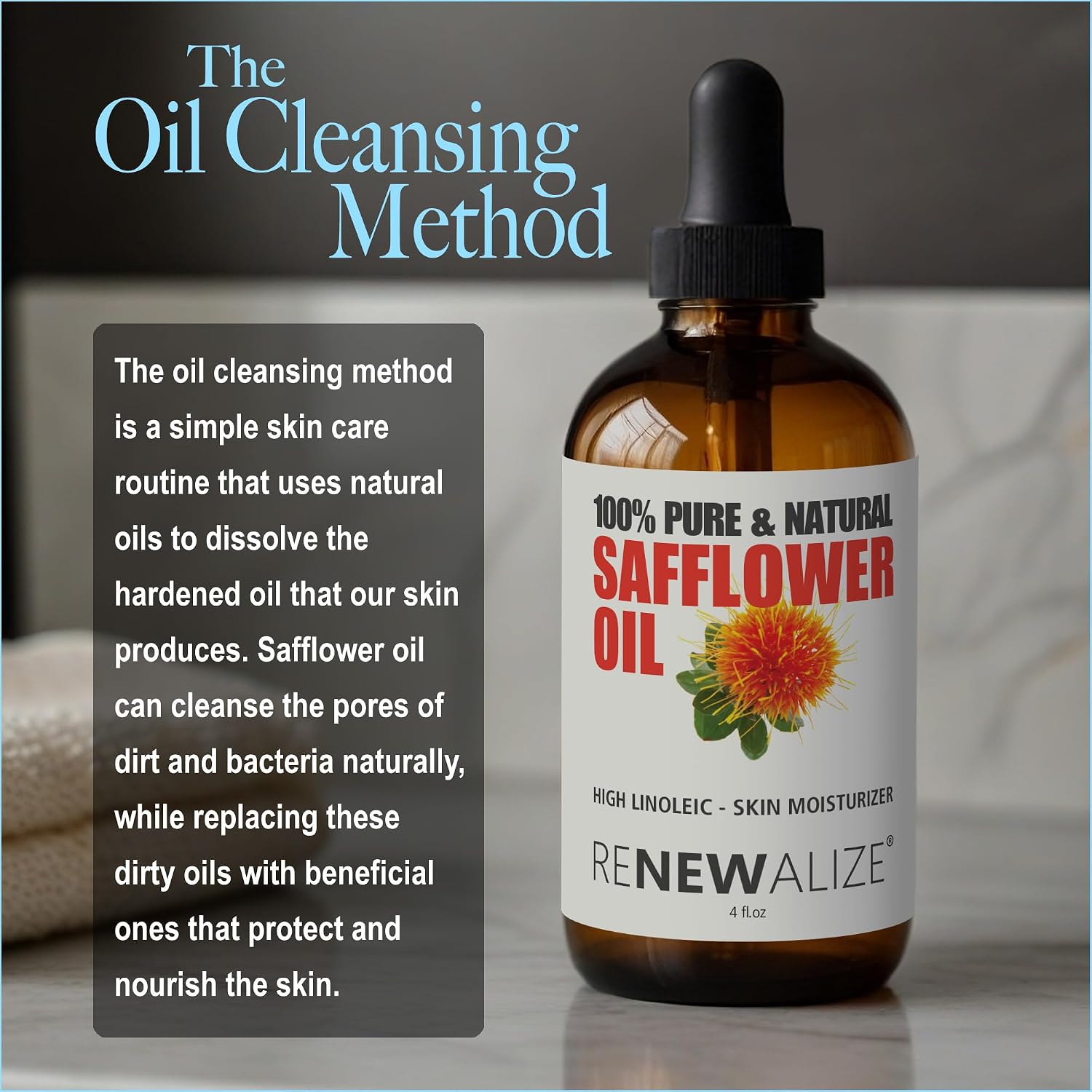 SAFFLOWER SEED OIL FACE MOISTURIZER - 4 fl oz. Dark Glass Bottle with Dropper | High linoleic facial serum regimen for acne and oily skin | Best all natural breakout skincare treatment for men & women