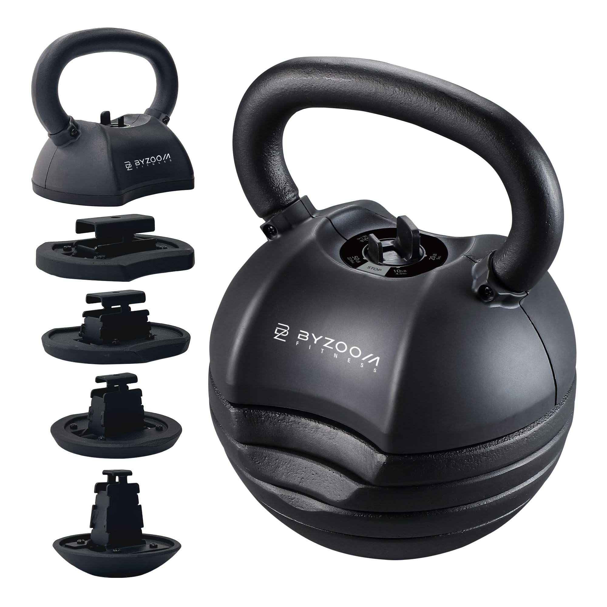 BYZOOM FITNESS Pure Series Adjustable Kettlebell 30/40/50LB - 5-IN-1 Weight Change, Patented Quick-Change Machenism, Ergonomic Curved Handle for Home Gym, Strength Training, HIIT, White OR Black