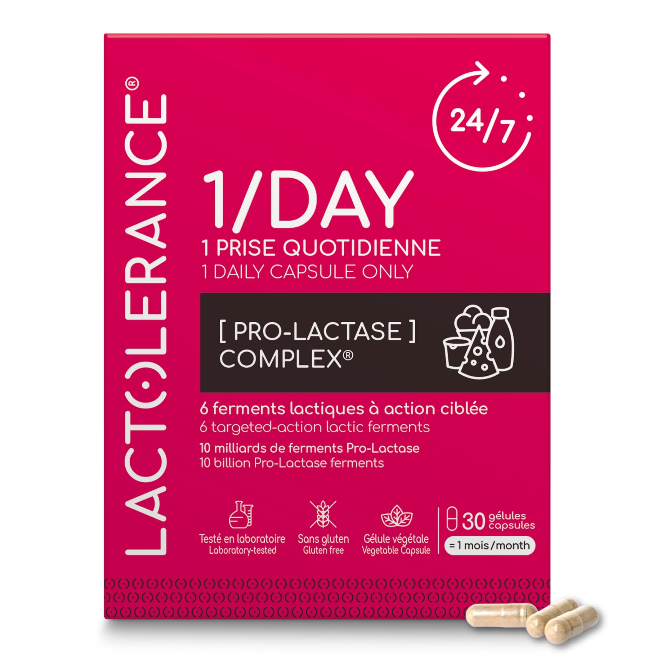 LACTOLERANCE 1/DAY I Précurseur de Lactase I Protection 24h/24-1 seule gélule par jour | Améliore la digestion du lactose | Tout niveau d'intolérance | 1 mois de traitement microbiotique