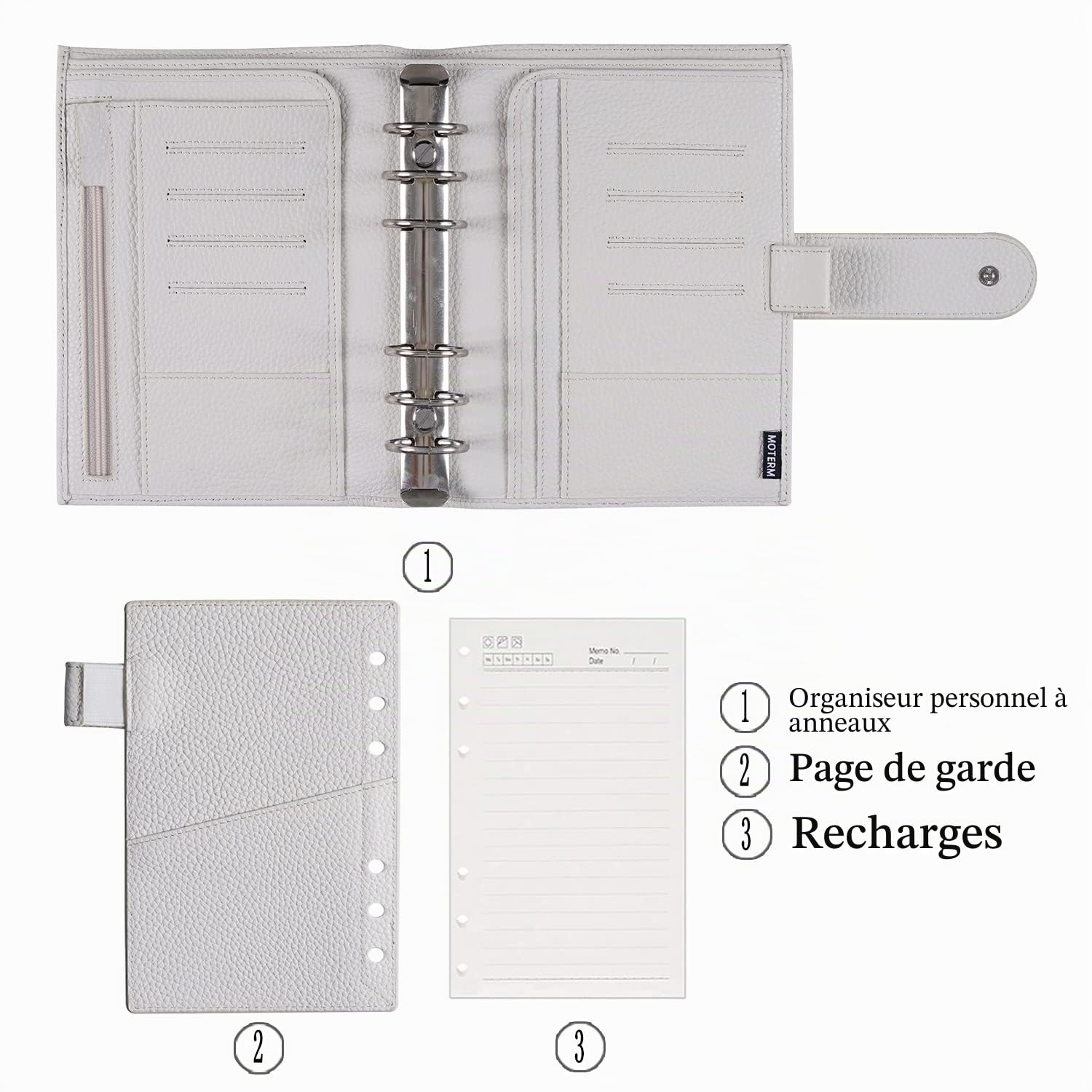 Moterm Planificateur Personnel Luxe Anneaux - Reliure Organiseur en Cuir Véritable (Anneau de 30mm, Crème Galet)