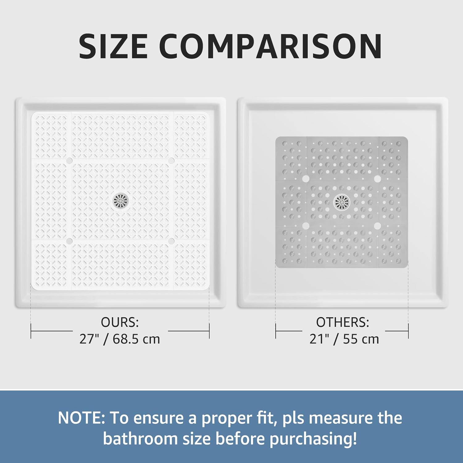 Yolife Square Shower Mat, 27" x 27" Large Shower Mat with Center Drain Hole, Soft TPE Non Slip Shower Mats for Inside Shower with Suction Cups, Anti Slip Washable Shower Floor Mat, White - Image 2