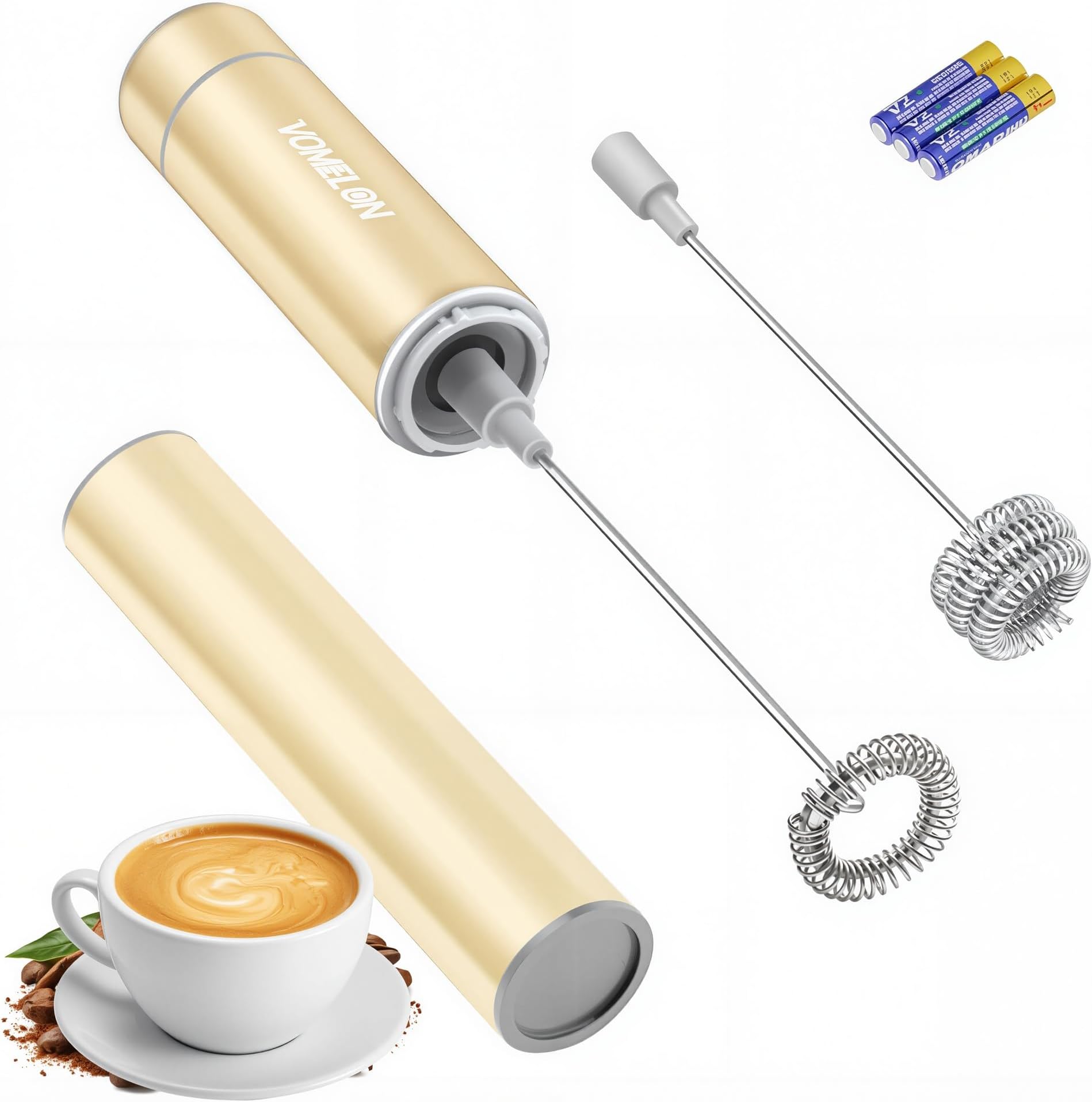 Electric Milk Frother Handheld,Travel Coffee Drink Mixer Batteries Included, 304 Stainless Steel Whisk for latte Cappuccino,Bulletproof Coffee Hot Chocolate,Egg-Beige