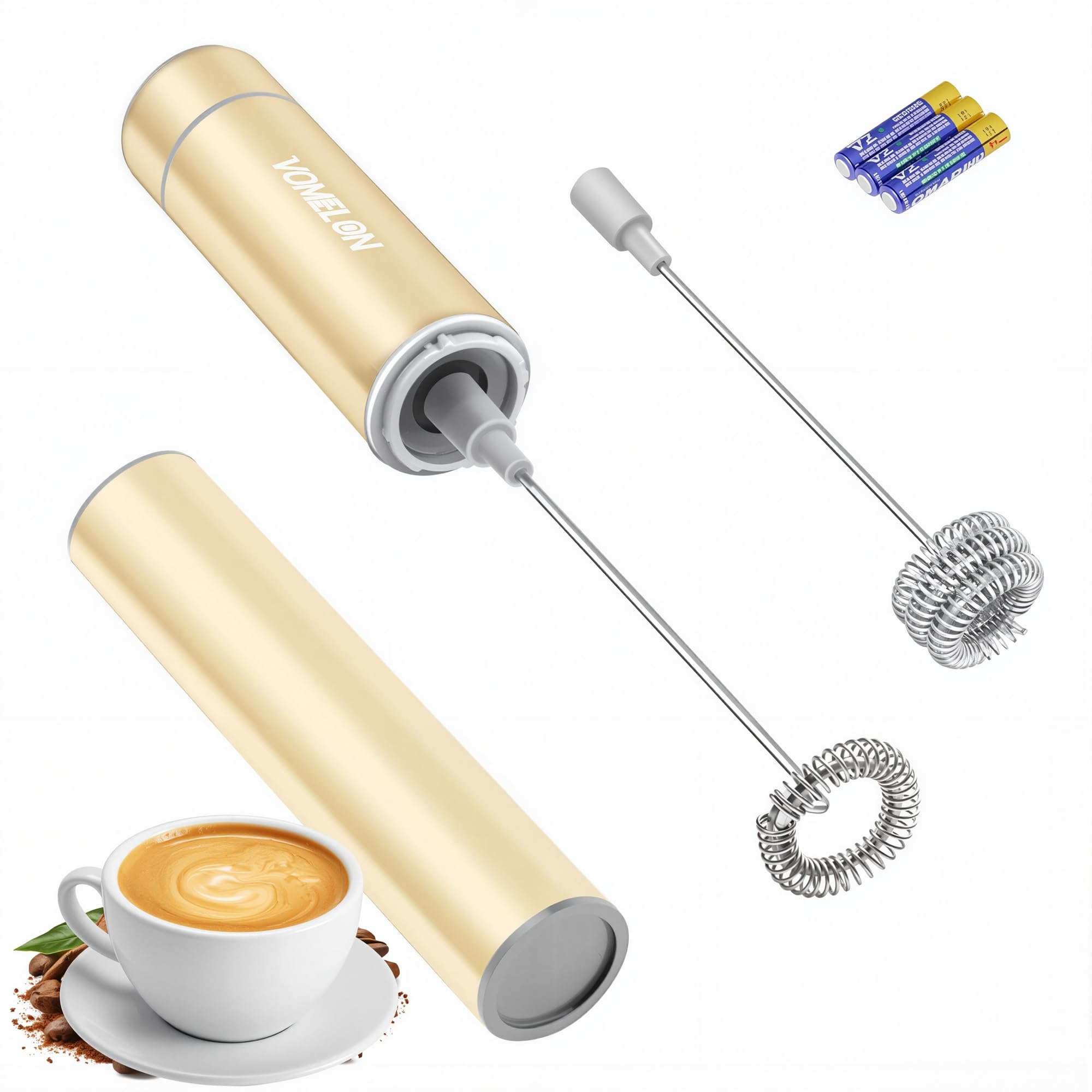 電動ミルク泡立て器 ハンドヘルド 旅行用コーヒードリンクミキサー 電池付き 304ステンレススチール泡立て器 ラテカプチーノ用 防弾コーヒー ホットチョコレート 卵-ベージュ
