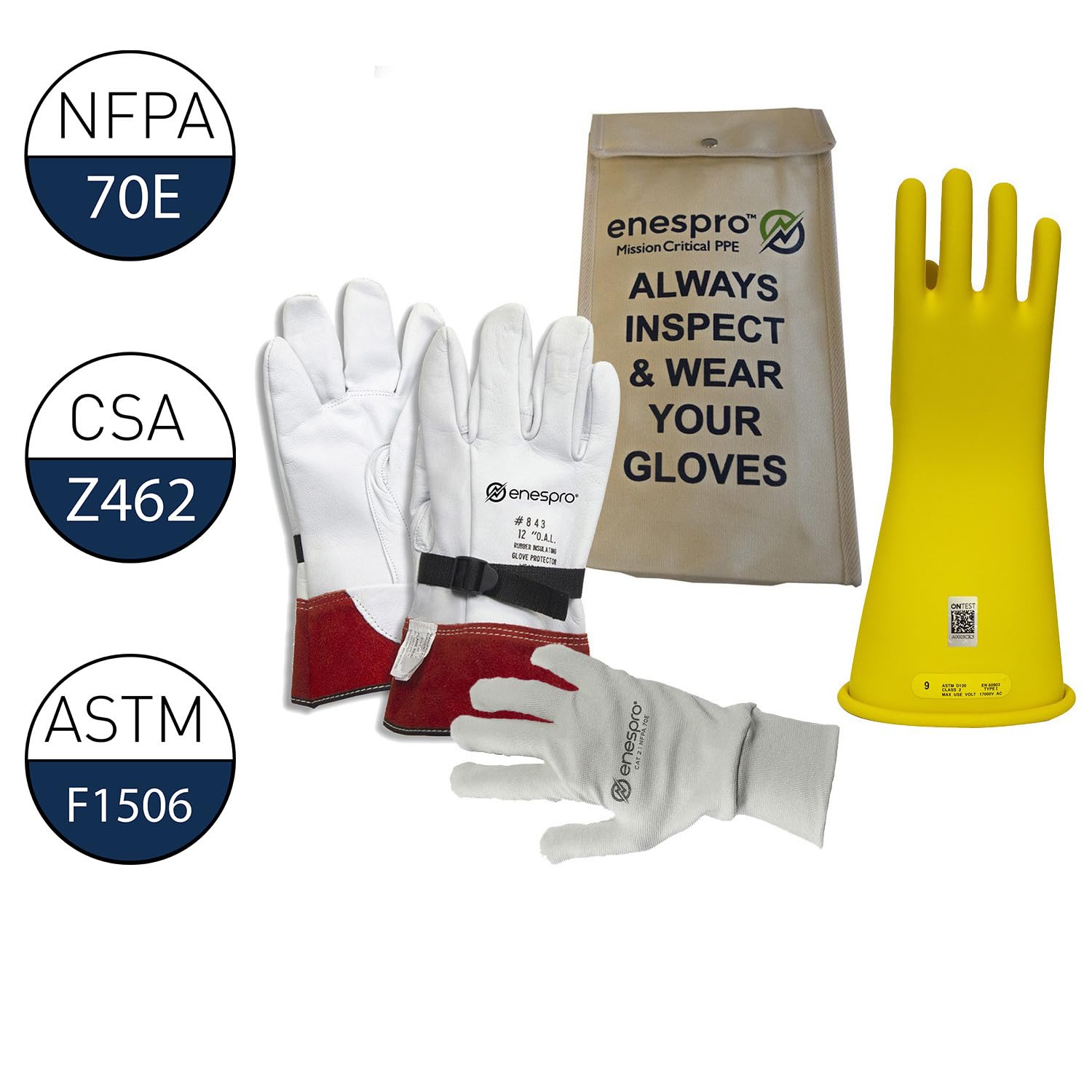 Enespro Class 2 Yellow Rubber Voltage Insulating Glove Premium Kit with FR Knit Glove and Leather Protectors, Max. Use Voltage 17,000V AC/ 25,500V DC, KITGC2Y10AG