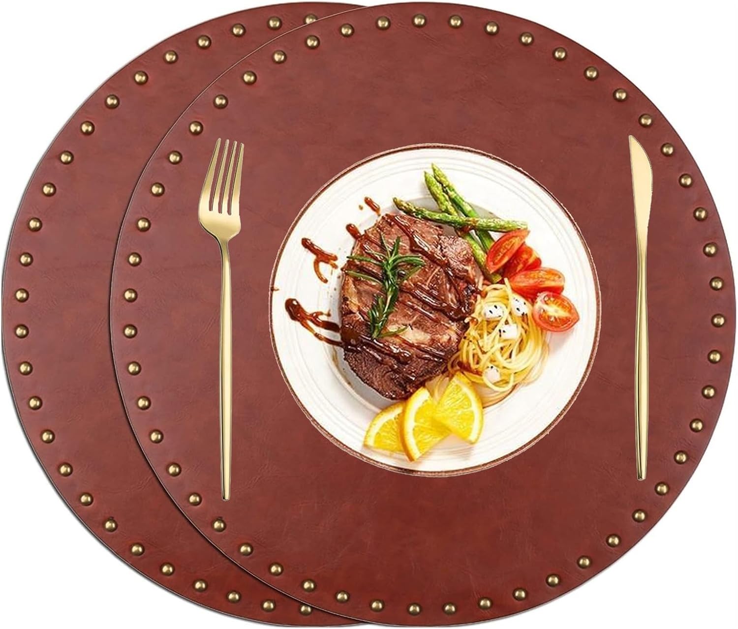 15'' Round Placemats Faux Leather Circle Table Mats Set of 2 Washable Heat Resistant Placemat for Kitchen Breakfast Bar and Coffee Table(Bronze)