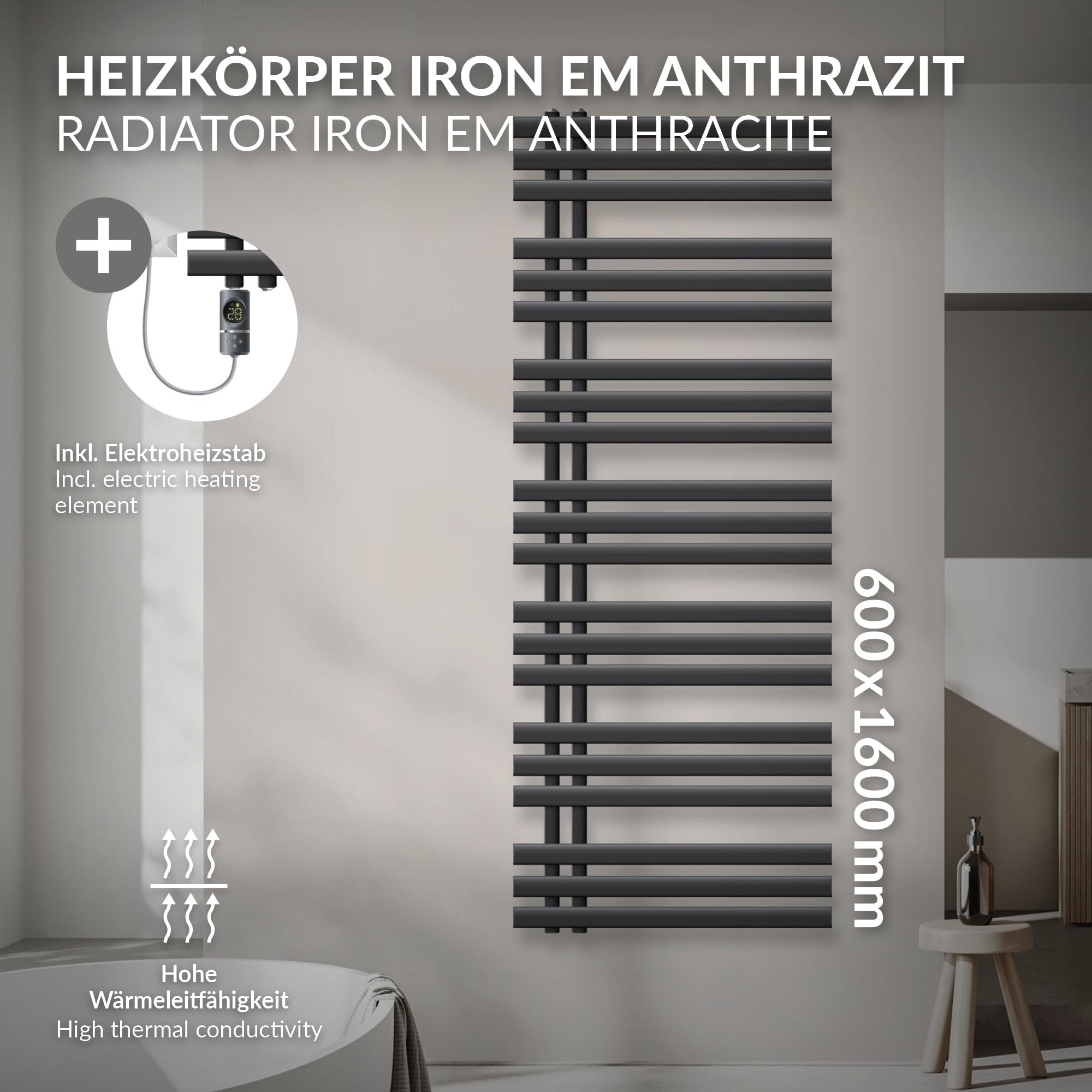 LuxeBath Radiador Eléctrico Iron EM 600 x 1600 mm Antracita, Estufa Toallera Vertical con Elemento Calefactor 900W Termostato de Pantalla Digital, Calentador de Pared de Diseño Moderno para Baño