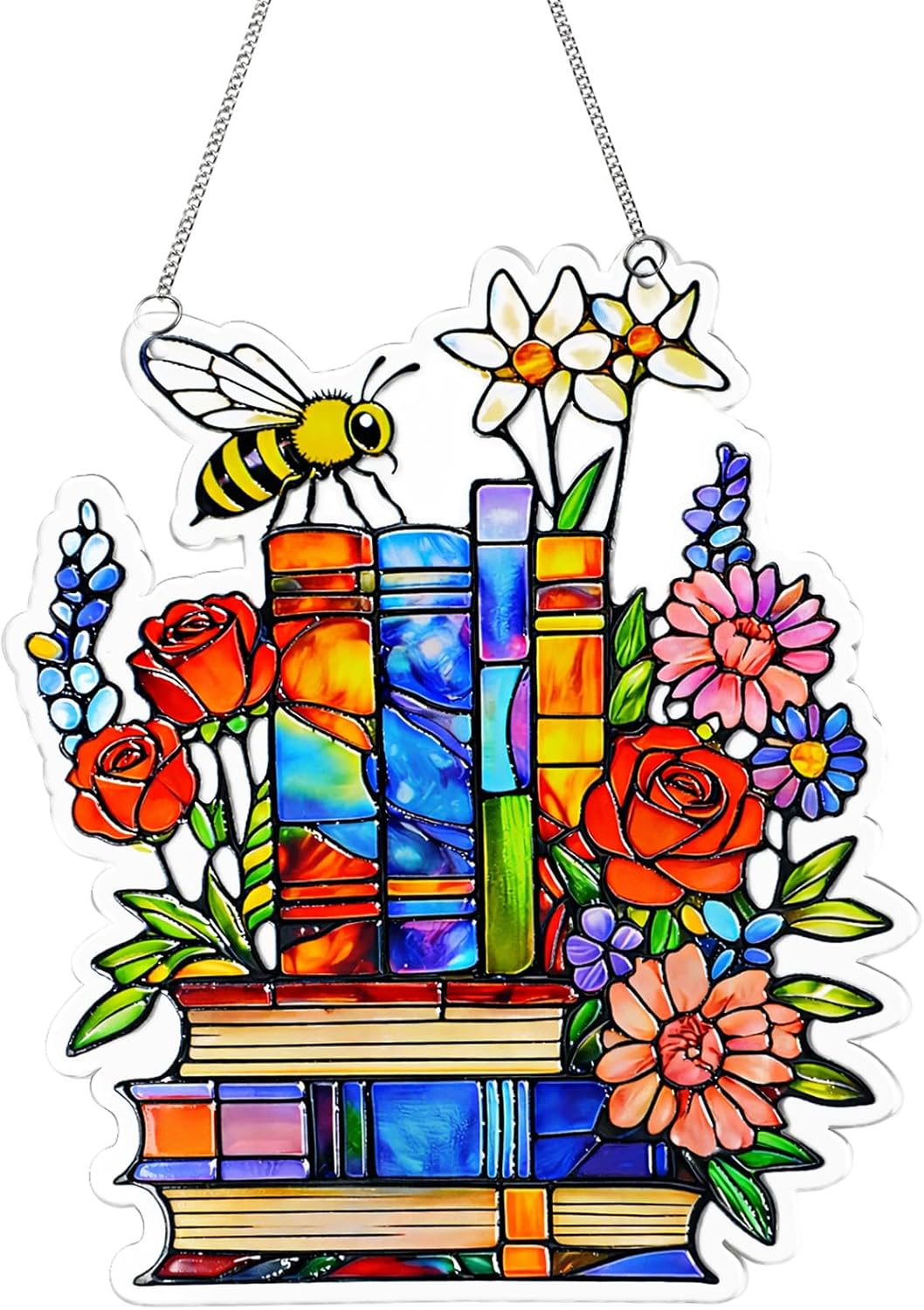 Gifts for Book Lovers Women, Embossed Stained Glass Window Hanging – Colorful Book & Flower Sun Catcher, Decorative Window Ornament for Readers, Bookish Decor with Envelope & No-Drill Hook