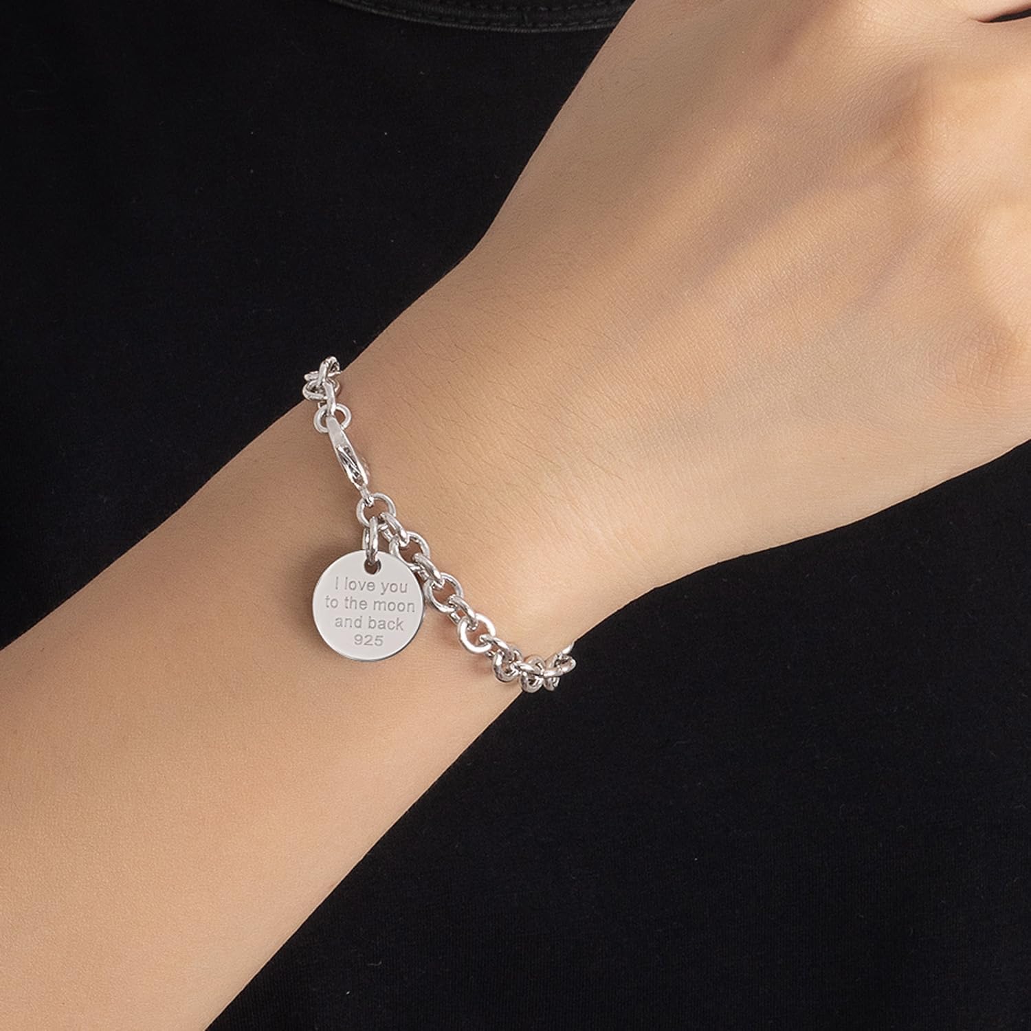 Dankadi Women 925 Sterling Silver Round Cable Wire Link Bracelet Charm Heart-Bell-Square-Circle Pendant Chain Bangle Fine Jewelry Gift For Wife Her - Image 4