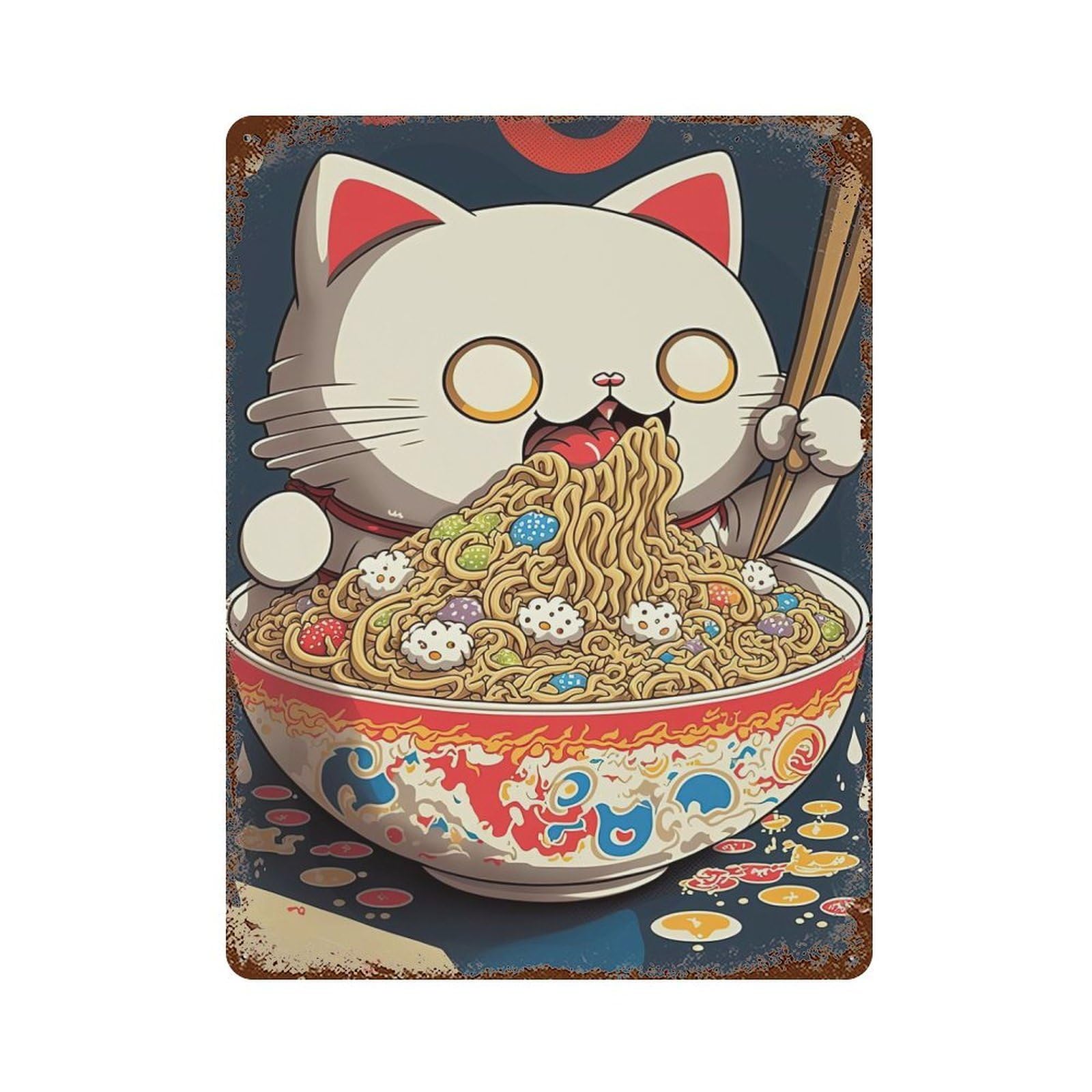 Aged Metal Wall Plaque with Cat Eating Ramen Design 15.7"x11.8", for Basement, Hobby Room And Garage Decor, Farmhouse Wall Decor