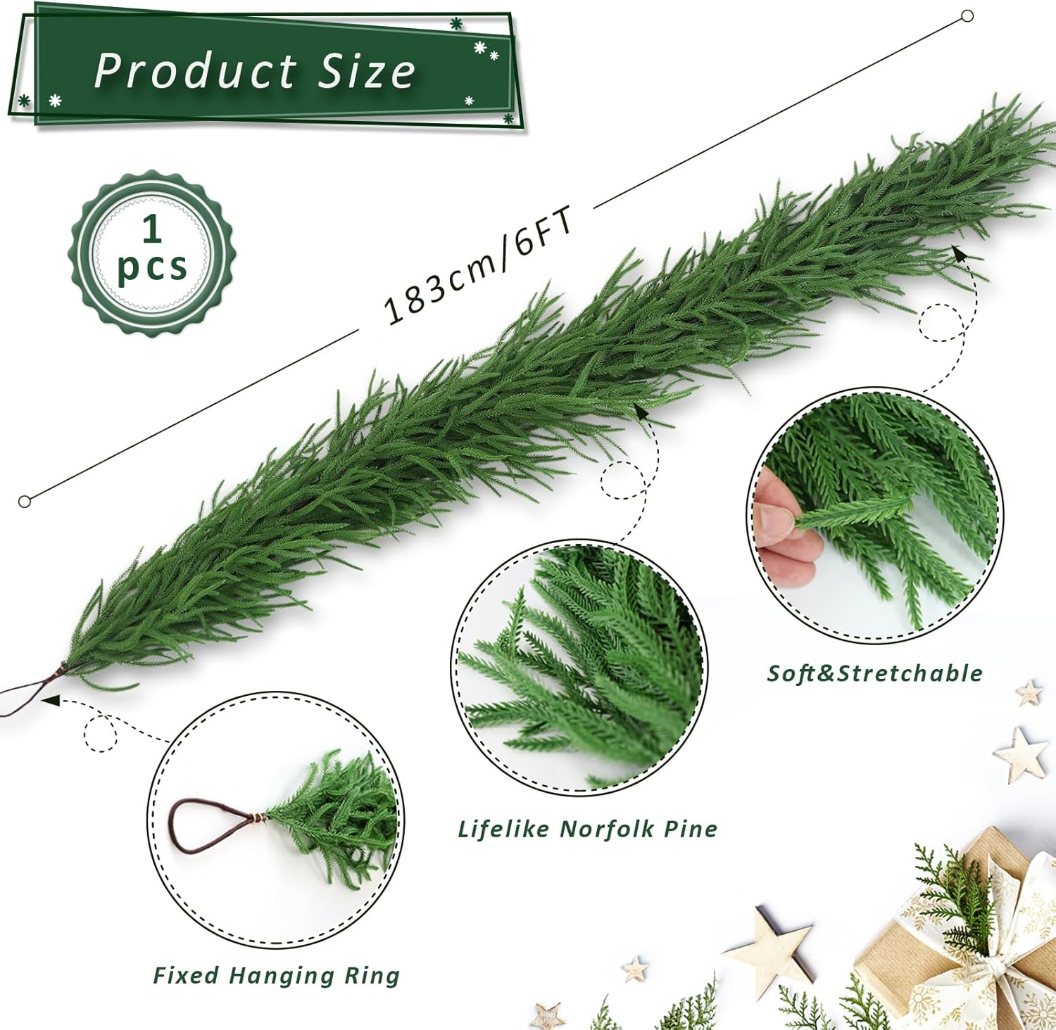 6FT Christmas Norfolk Pine Garland, Real Touch Christmas Greenery Garland, Artificial Xmas Decorations for Mantle Indoor Outdoor Fireplace Table Porch Stairs Winter Holiday Decor - Image 2